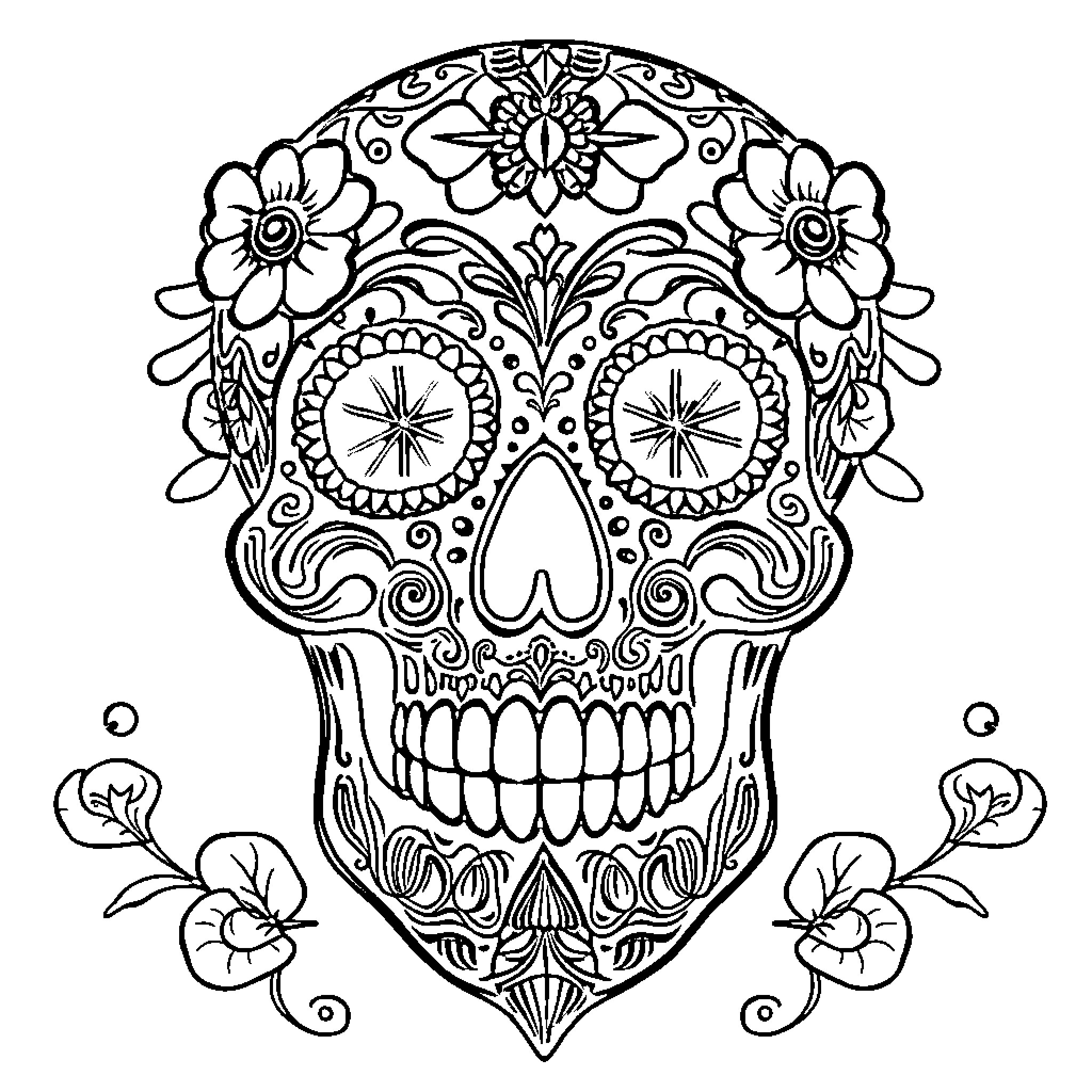 Skull with Intricate Floral Designs Coloring Page (free black-and-white line drawing printable PDF for all, from beginners to advanced learners, including children, teens, adults, and seniors)