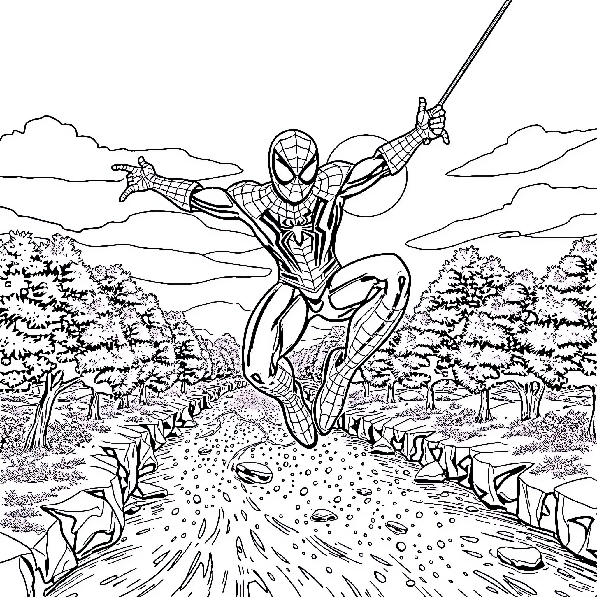 Spiderman swinging through a forest landscape Coloring Page (free black-and-white line drawing printable PDF for all, from beginners to advanced learners, including children, teens, adults, and seniors)