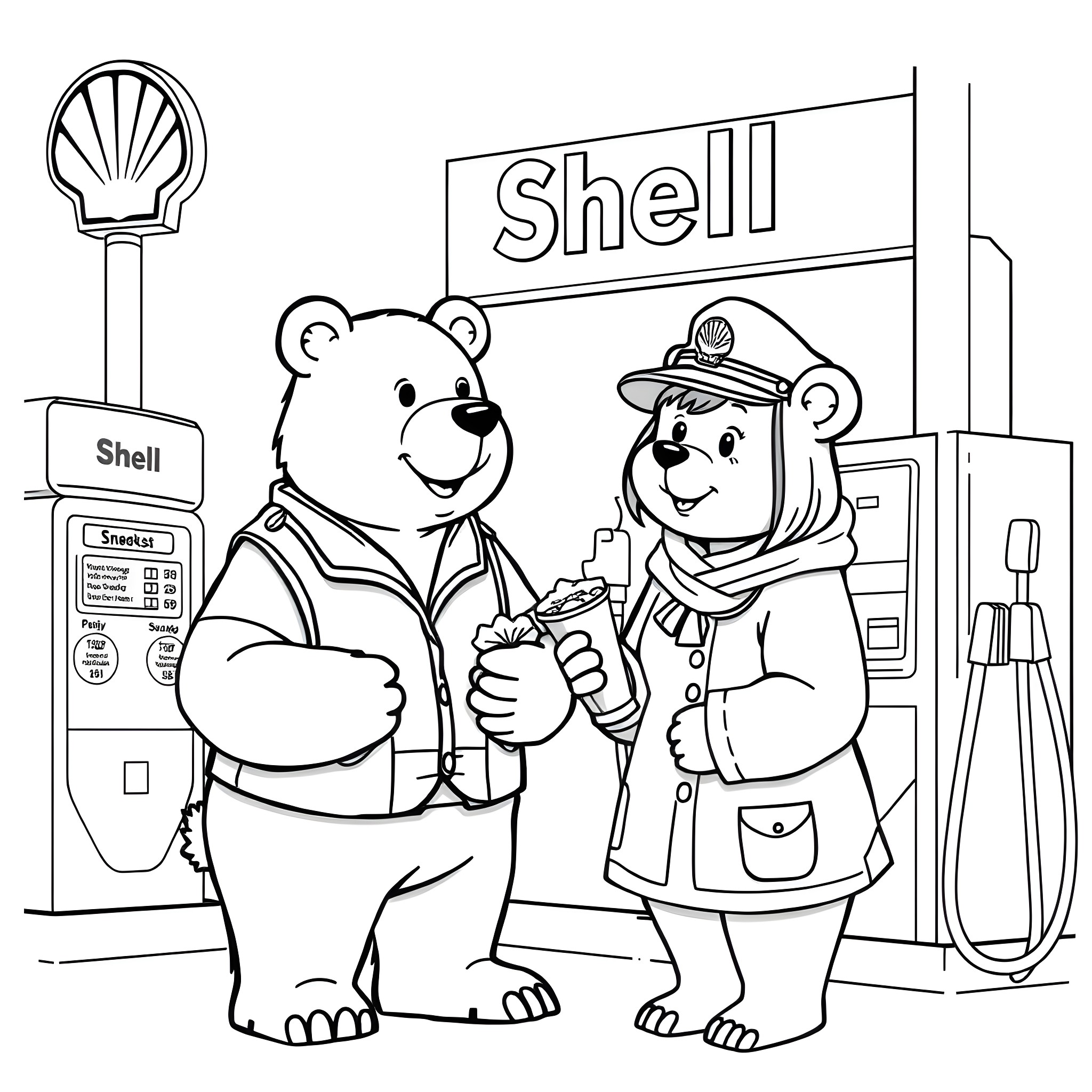 Bear characters at a Shell gas station Coloring Page (free black-and-white line drawing printable PDF for all, from beginners to advanced learners, including children, teens, adults, and seniors)