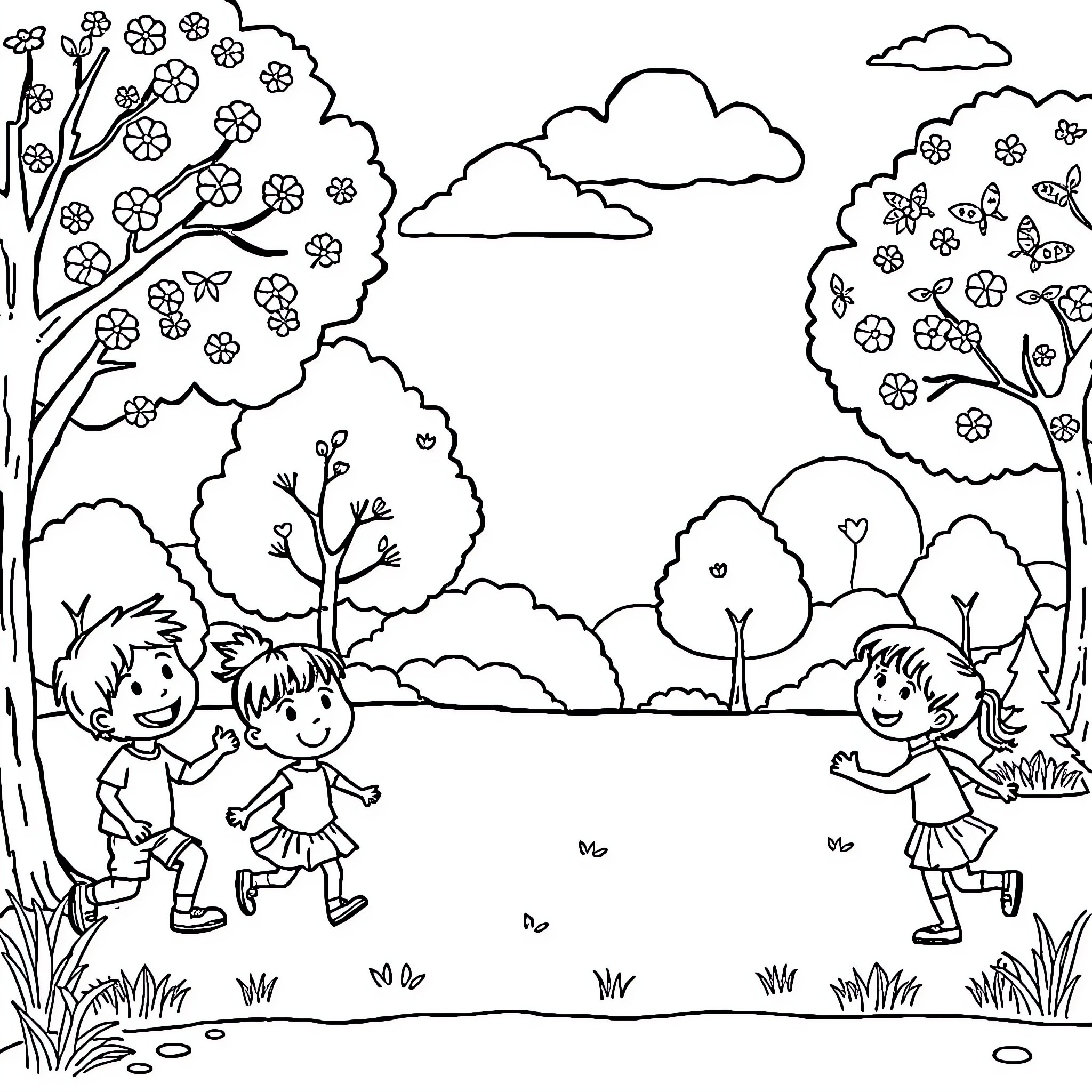 Child playing and exploring in nature scene Coloring Page (free black-and-white line drawing printable PDF for all, from beginners to advanced learners, including children, teens, adults, and seniors)