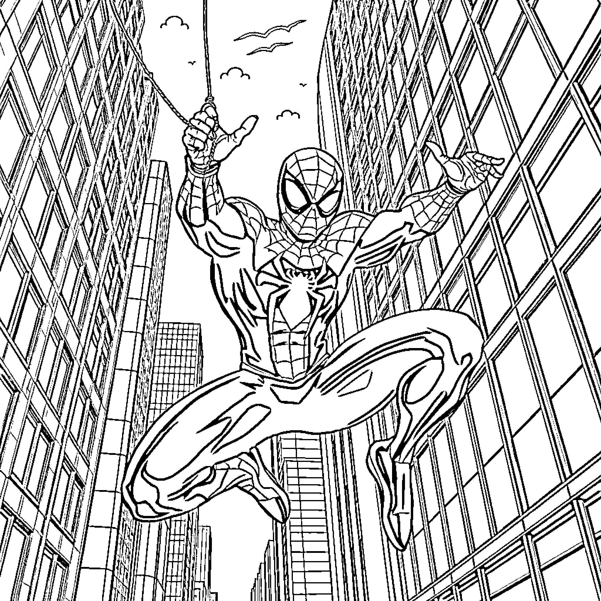 Spiderman swinging through the city skyline Coloring Page (free black-and-white line drawing printable PDF for all, from beginners to advanced learners, including children, teens, adults, and seniors)