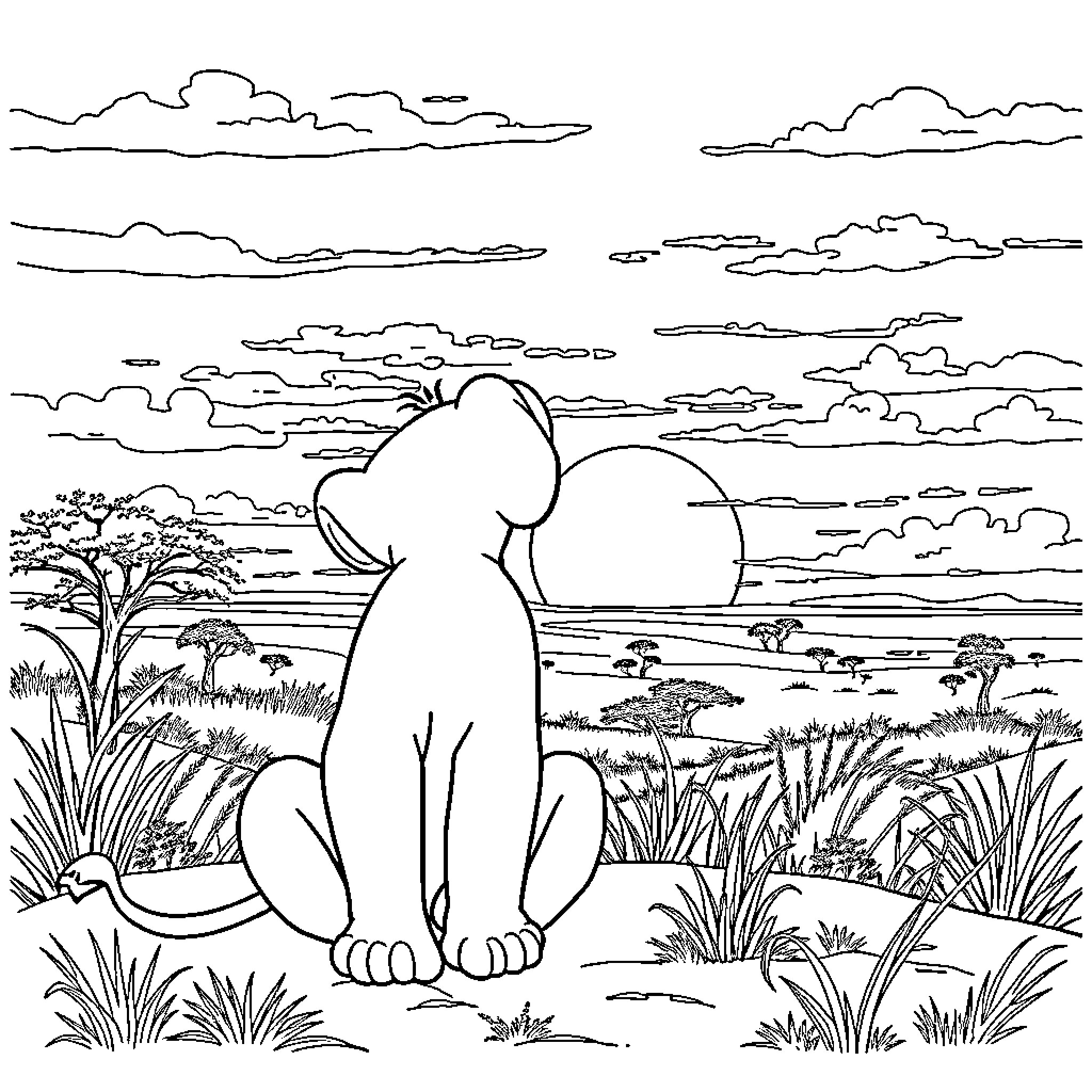 Simba sitting and gazing at the horizon Coloring Page (free black-and-white line drawing printable PDF for all, from beginners to advanced learners, including children, teens, adults, and seniors)