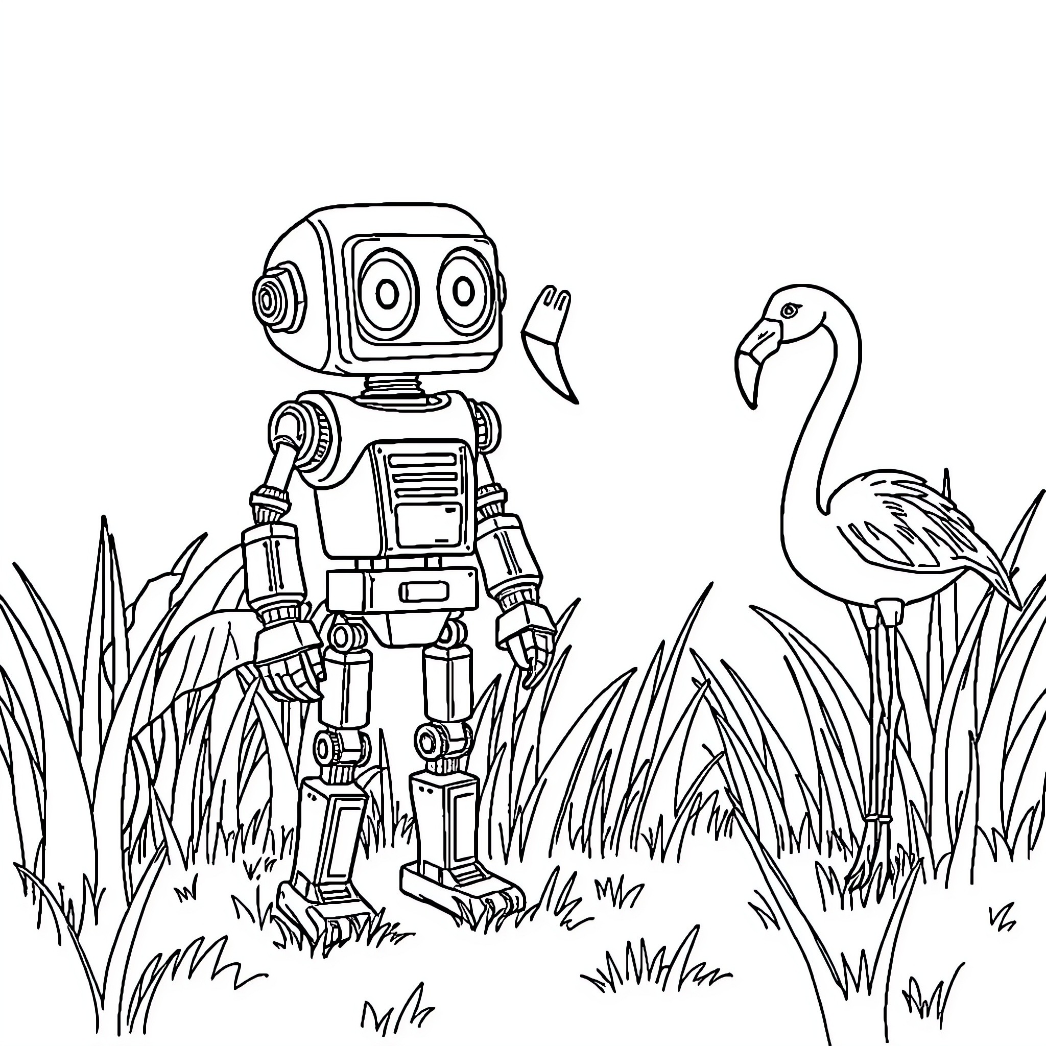 Robot exploring nature with a flamingo companion Coloring Page (free black-and-white line drawing printable PDF for all, from beginners to advanced learners, including children, teens, adults, and seniors)