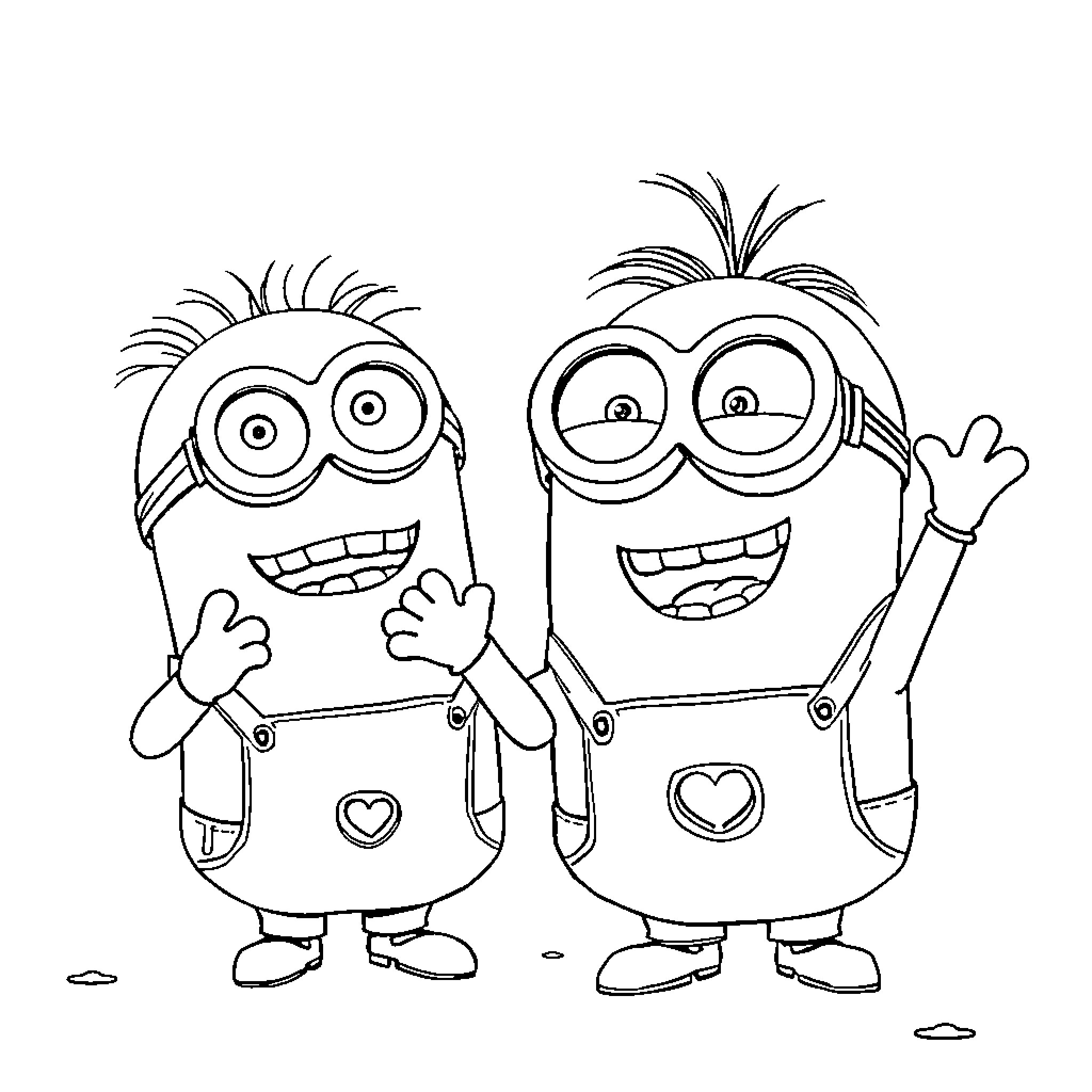 Minions waving and smiling happily Coloring Page (free black-and-white line drawing printable PDF for all, from beginners to advanced learners, including children, teens, adults, and seniors)