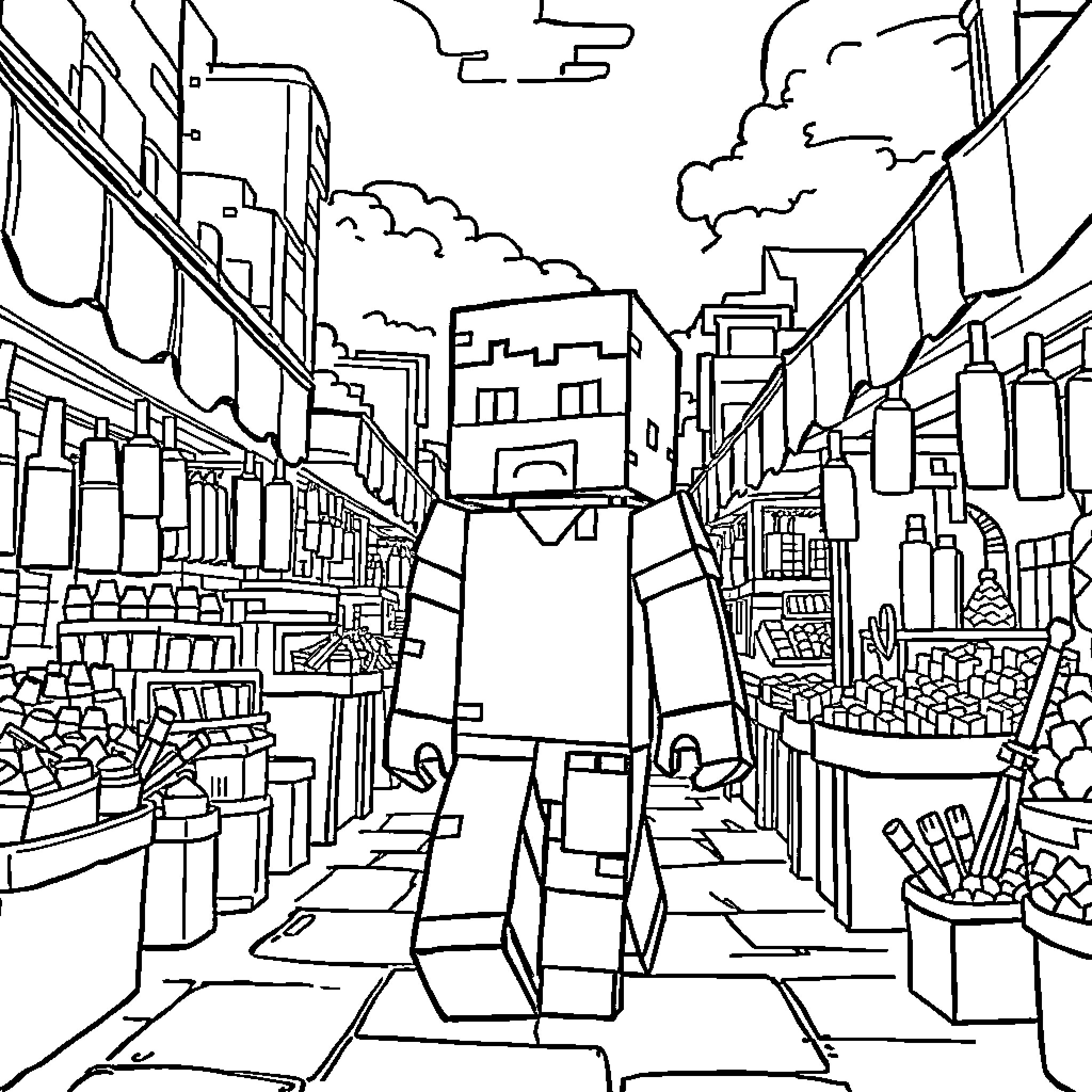 Minecraft characters exploring a bustling city marketplace Coloring Page (free black-and-white line drawing printable PDF for all, from beginners to advanced learners, including children, teens, adults, and seniors)