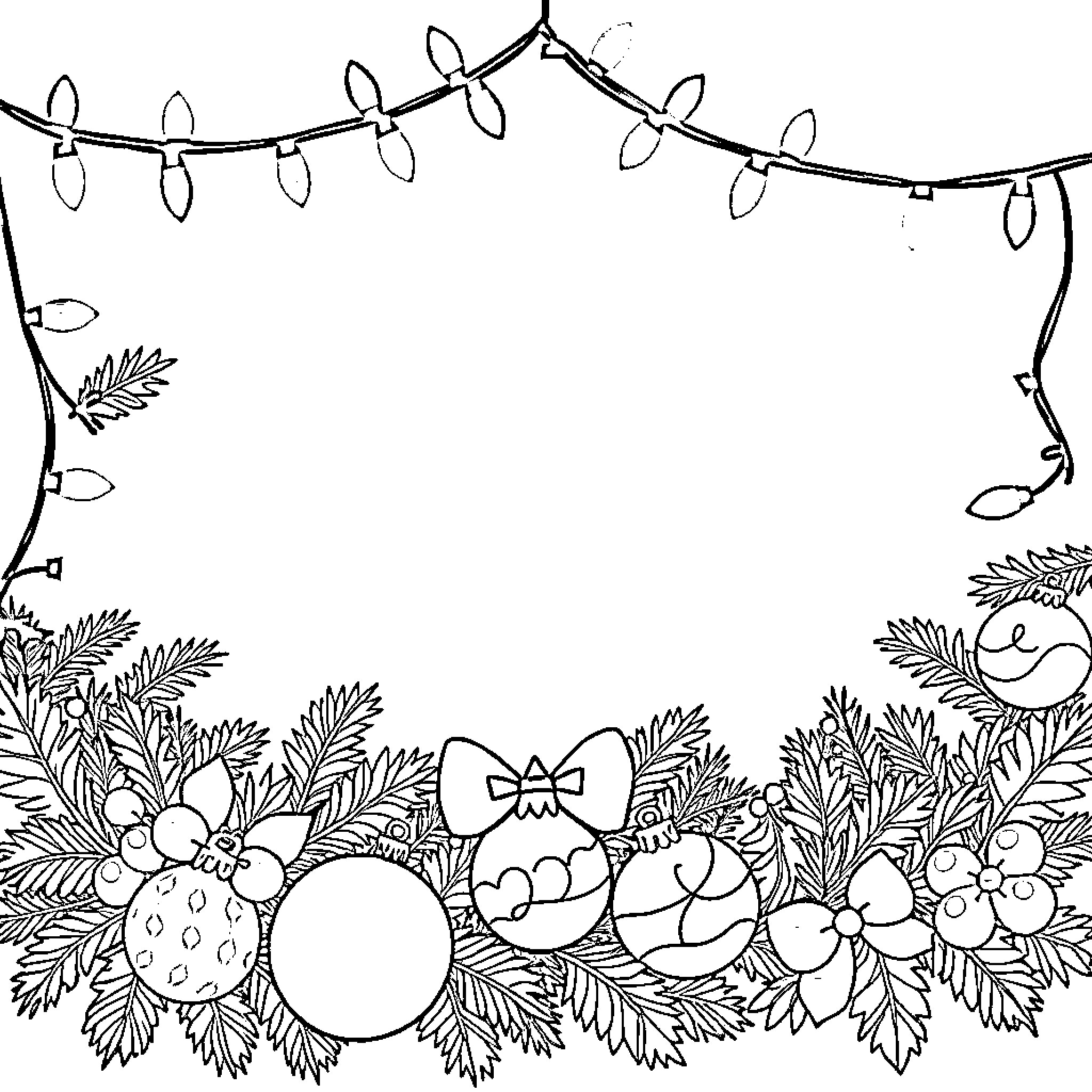 Christmas Border with Ornaments and Foliage Coloring Page (free black-and-white line drawing printable PDF for all, from beginners to advanced learners, including children, teens, adults, and seniors)
