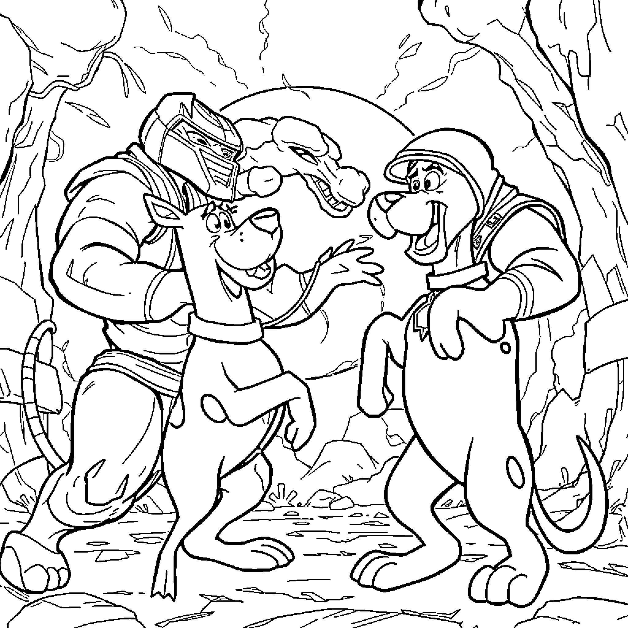 Scooby Doo and friends exploring a mysterious cave Coloring Page (free black-and-white line drawing printable PDF for all, from beginners to advanced learners, including children, teens, adults, and seniors)
