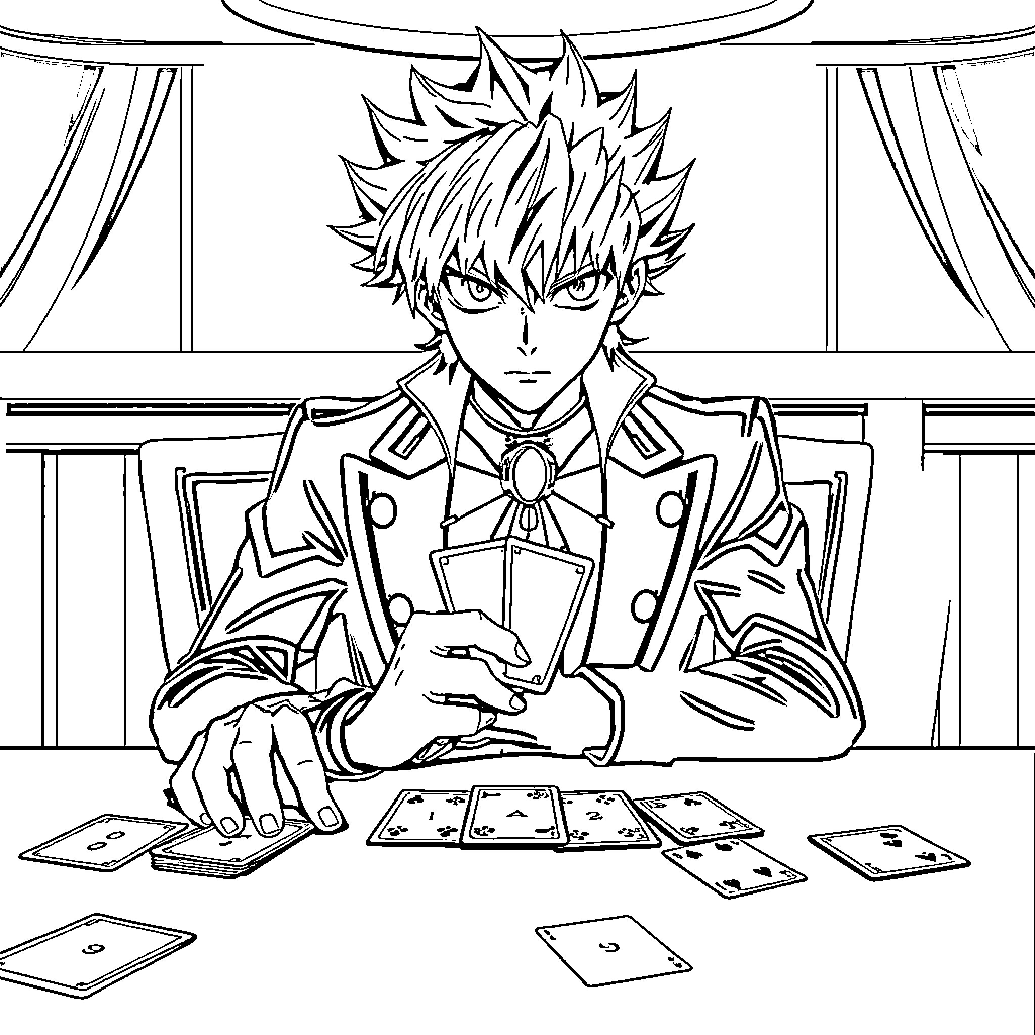 Kaiba contemplating his next move with cards Coloring Page (free black-and-white line drawing printable PDF for all, from beginners to advanced learners, including children, teens, adults, and seniors)