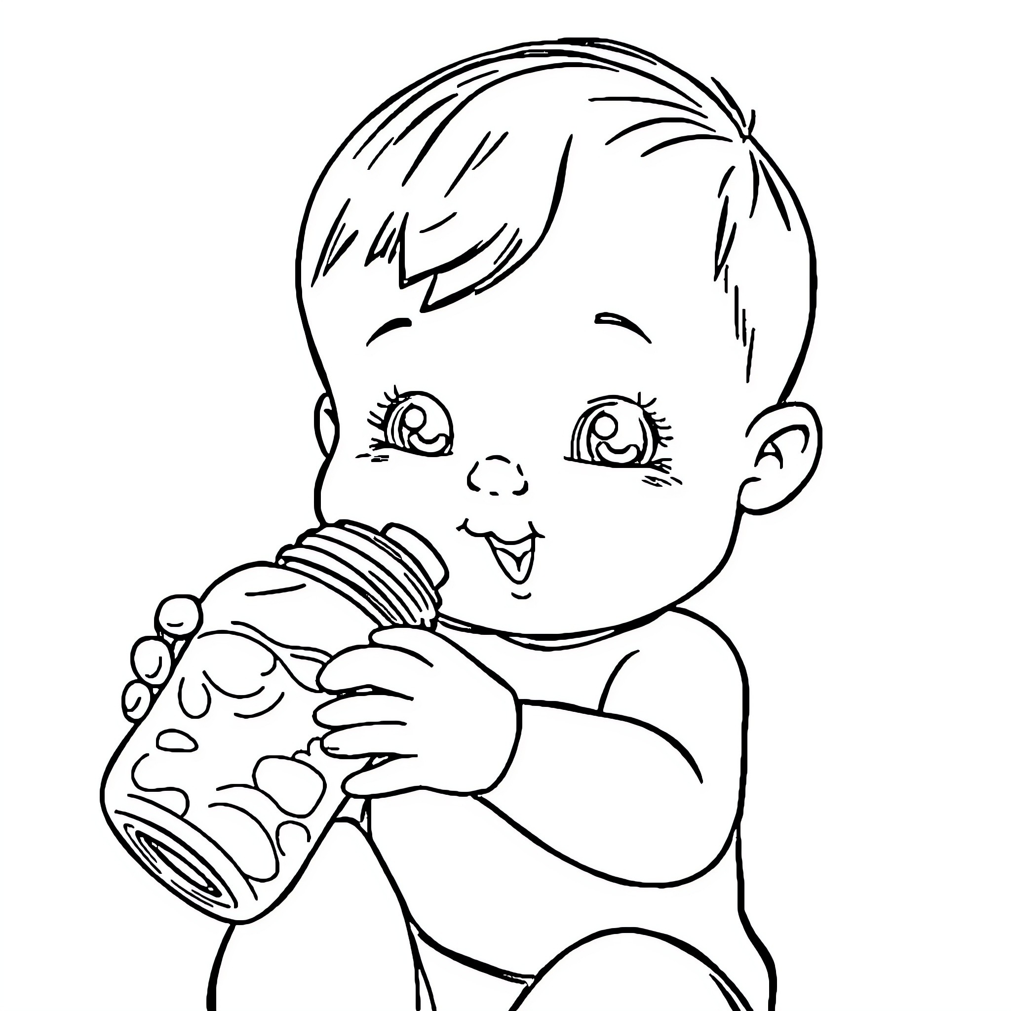 Baby Holding Cute Animal Toy Coloring Page (free black-and-white line drawing printable PDF for all, from beginners to advanced learners, including children, teens, adults, and seniors)