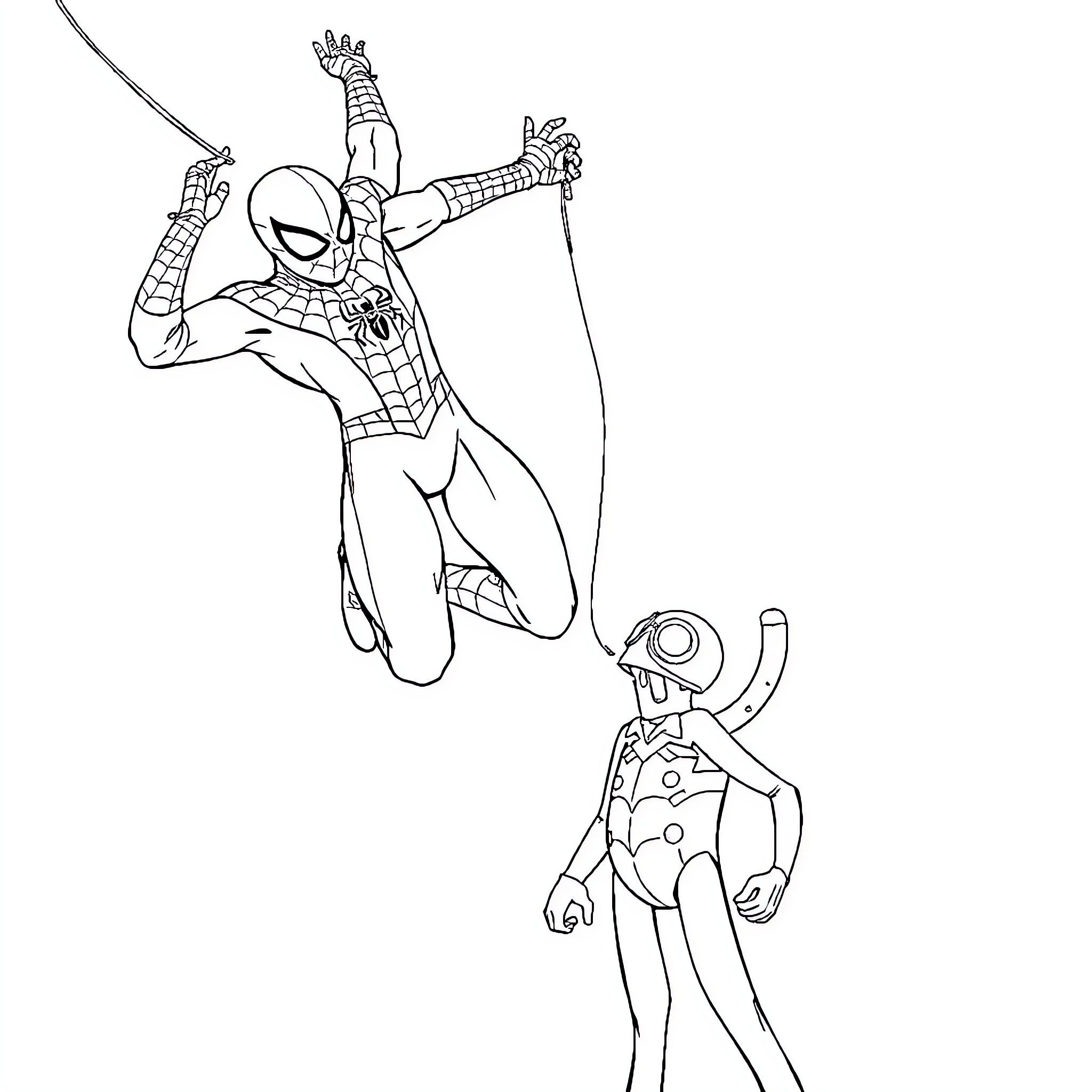 Spider-Man battling a villain in action Coloring Page (free black-and-white line drawing printable PDF for all, from beginners to advanced learners, including children, teens, adults, and seniors)