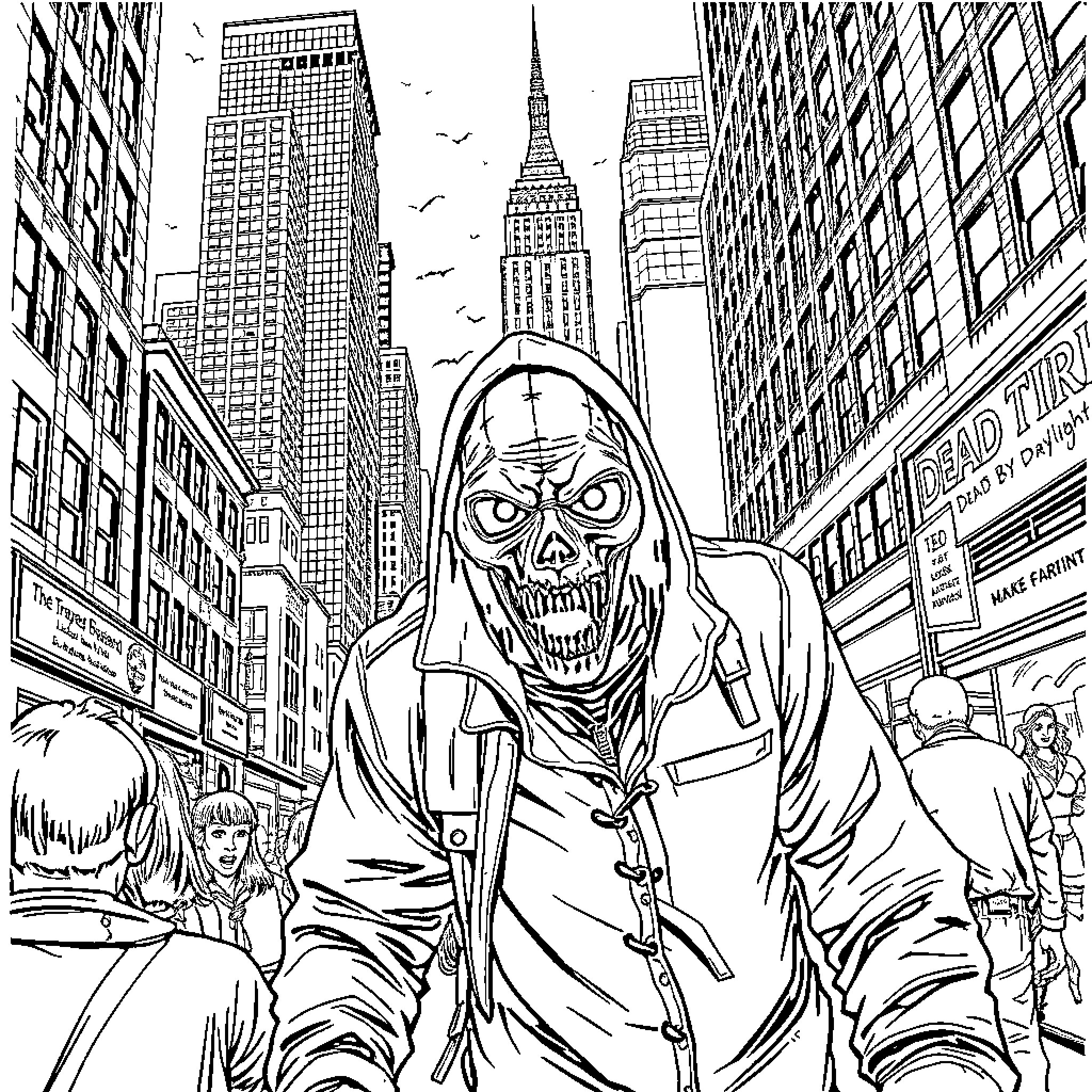 Trapper Stalking the Urban Landscape Coloring Page (free black-and-white line drawing printable PDF for all, from beginners to advanced learners, including children, teens, adults, and seniors)