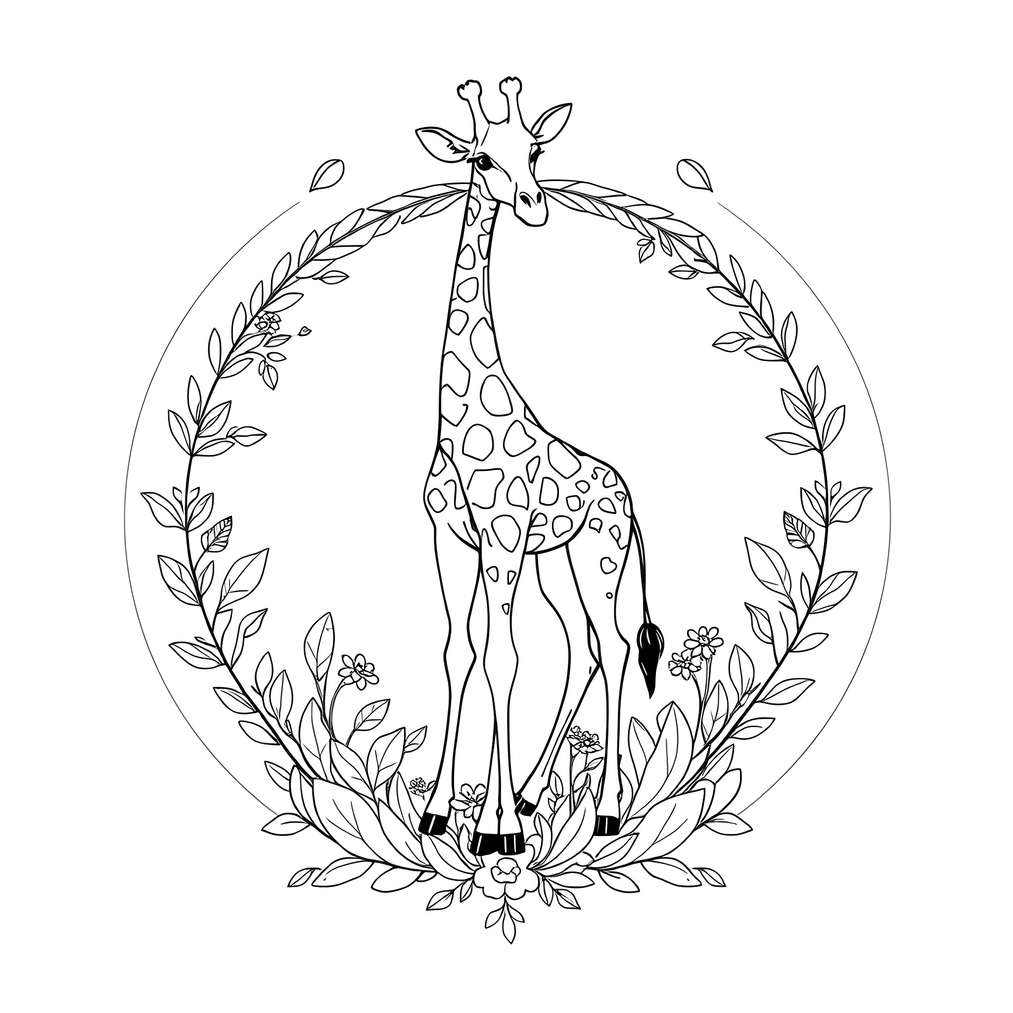 Giraffe standing in floral wreath Coloring Page (free black-and-white line drawing printable PDF for all, from beginners to advanced learners, including children, teens, adults, and seniors)