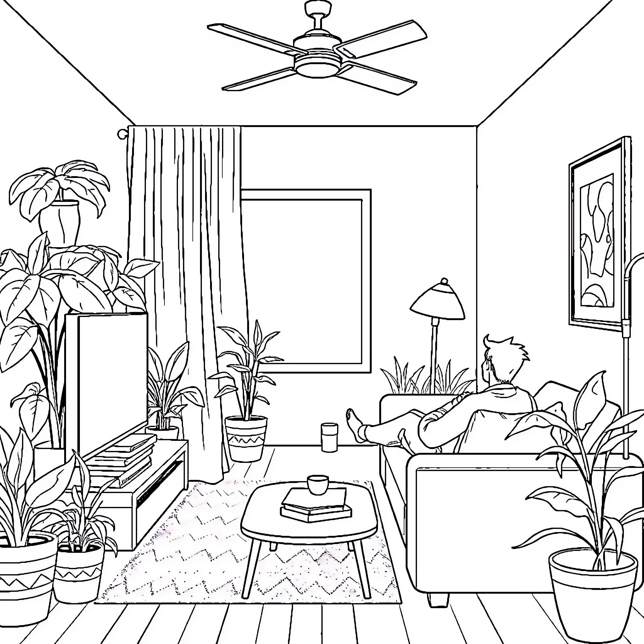 Living Room with Cozy Furnishings and Lush Plants Coloring Page (free black-and-white line drawing printable PDF for all, from beginners to advanced learners, including children, teens, adults, and seniors)