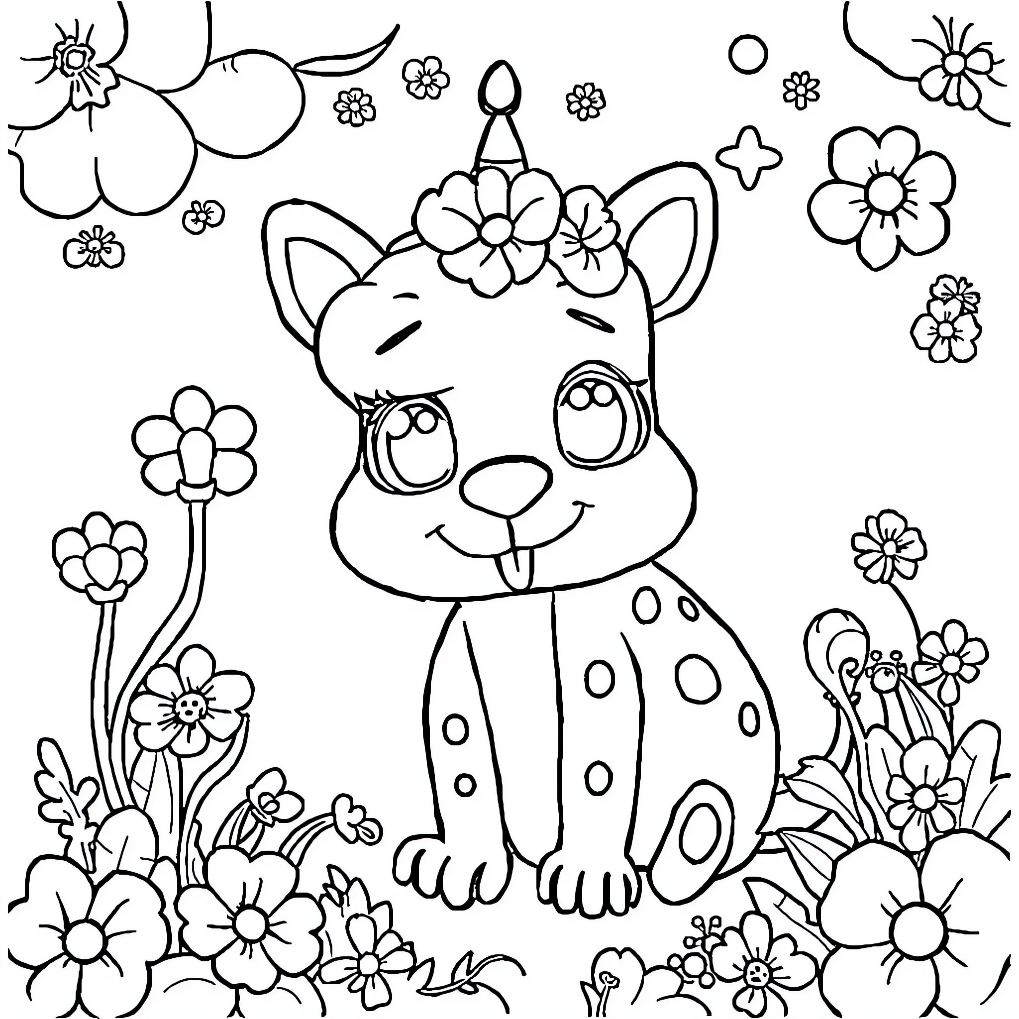 Cute animal surrounded by flowers and nature Coloring Page (free black-and-white line drawing printable PDF for all, from beginners to advanced learners, including children, teens, adults, and seniors)