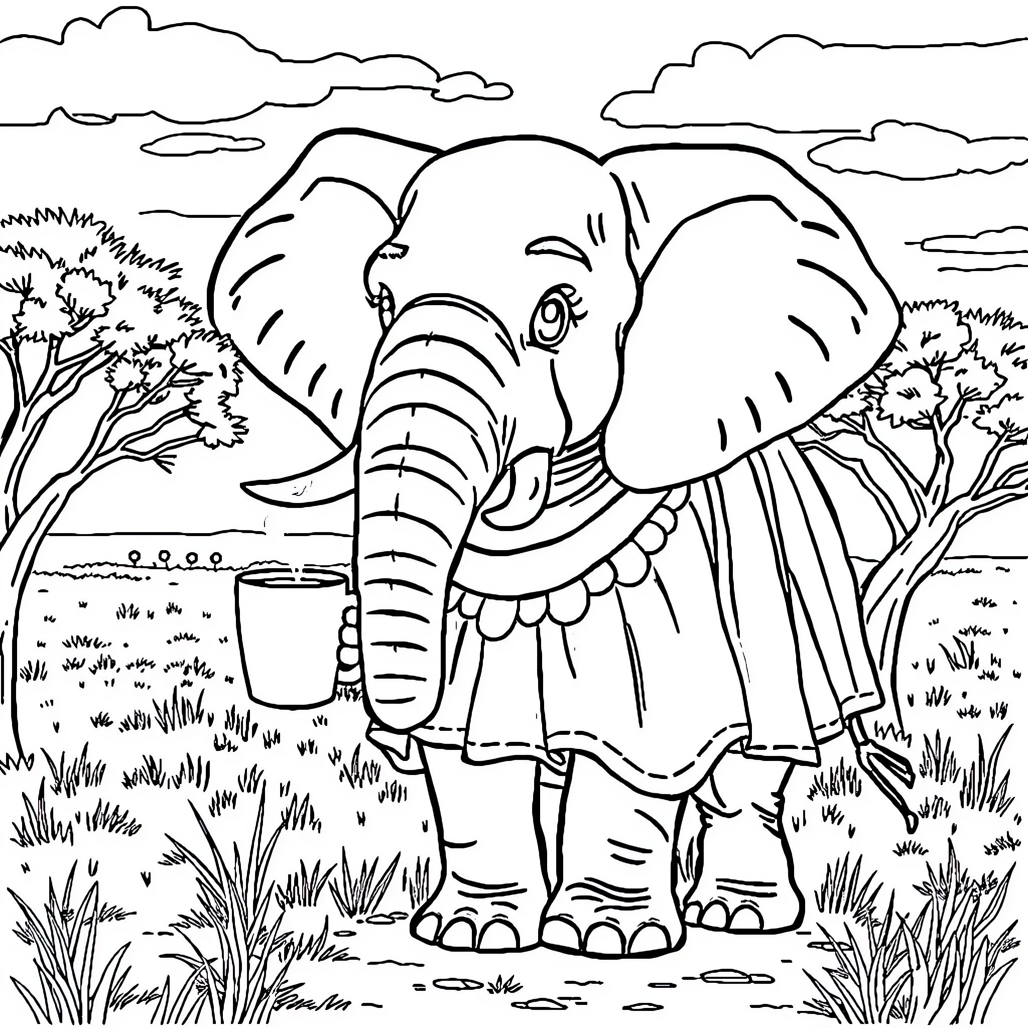 Hippopotamus enjoying the serene savannah landscape Coloring Page (free black-and-white line drawing printable PDF for all, from beginners to advanced learners, including children, teens, adults, and seniors)