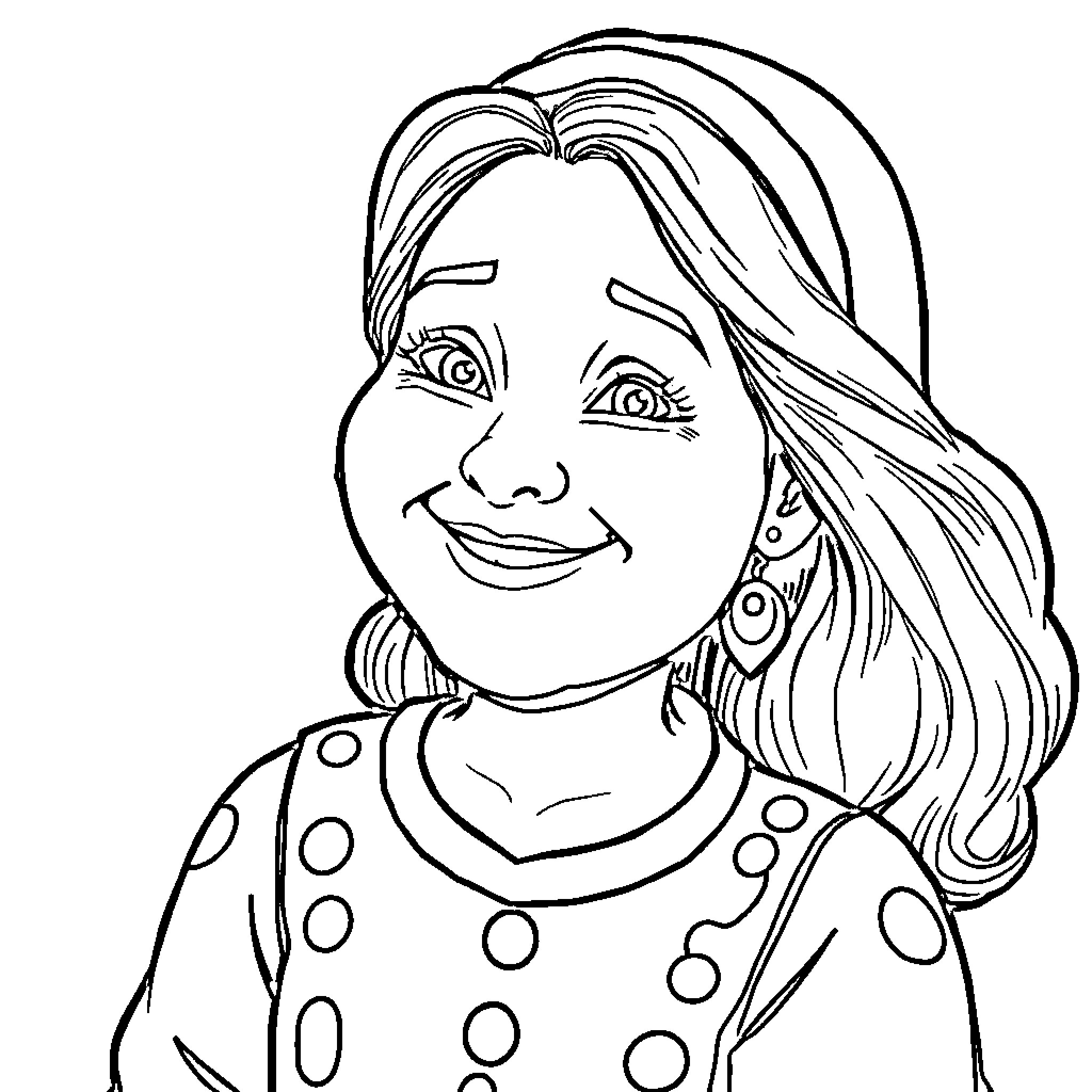 Mother smiling brightly with dotted outfit Coloring Page (free black-and-white line drawing printable PDF for all, from beginners to advanced learners, including children, teens, adults, and seniors)