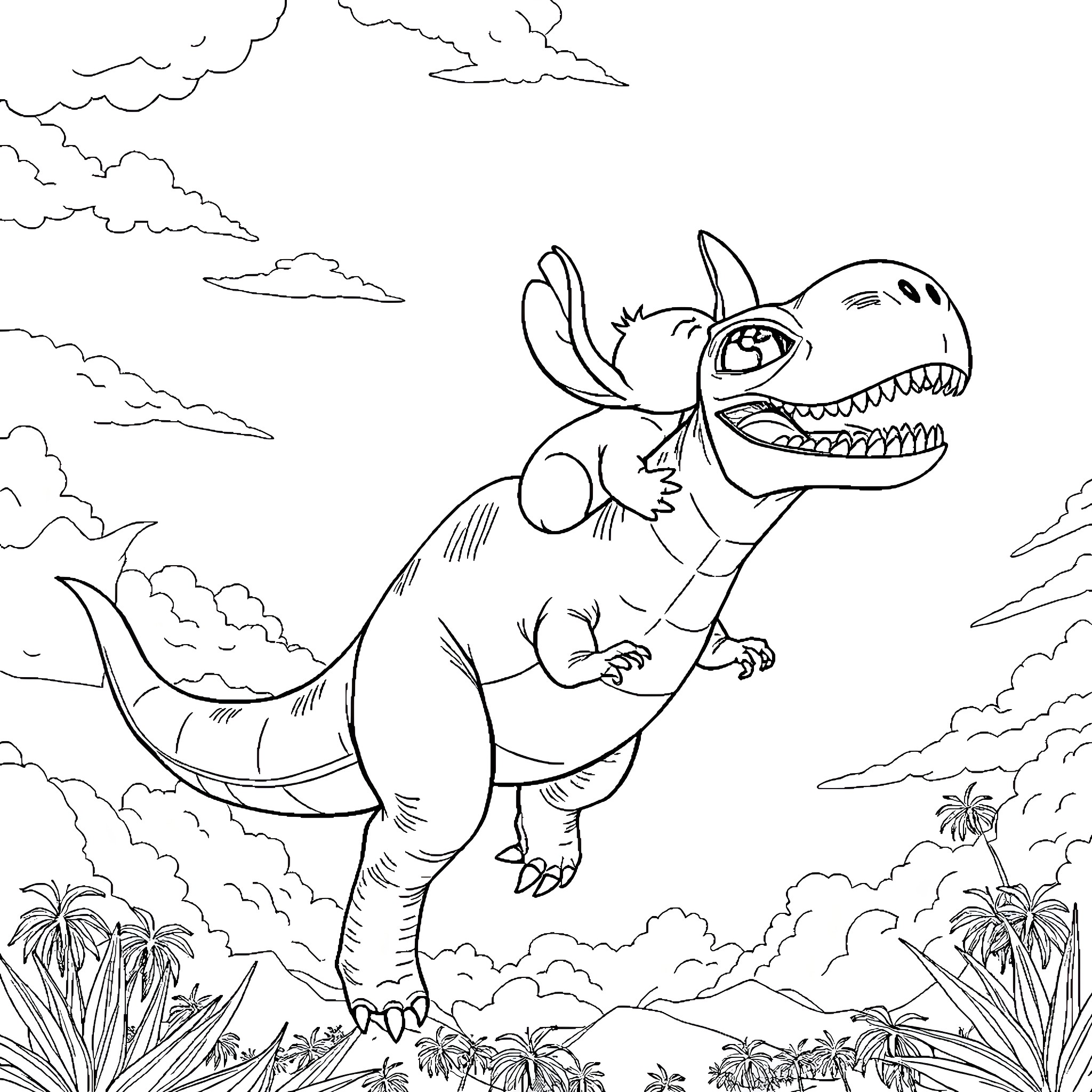 Dinosaur Running Playfully in the Clouds Coloring Page (free black-and-white line drawing printable PDF for all, from beginners to advanced learners, including children, teens, adults, and seniors)