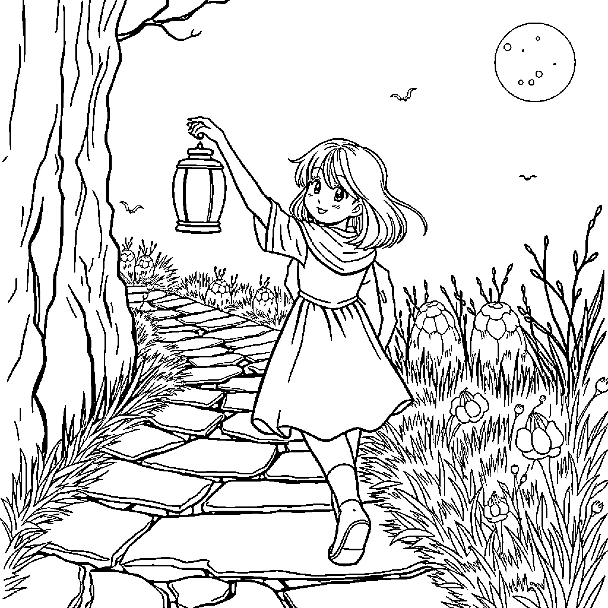 Girl exploring the enchanted forest with a lantern Coloring Page (free black-and-white line drawing printable PDF for all, from beginners to advanced learners, including children, teens, adults, and seniors)