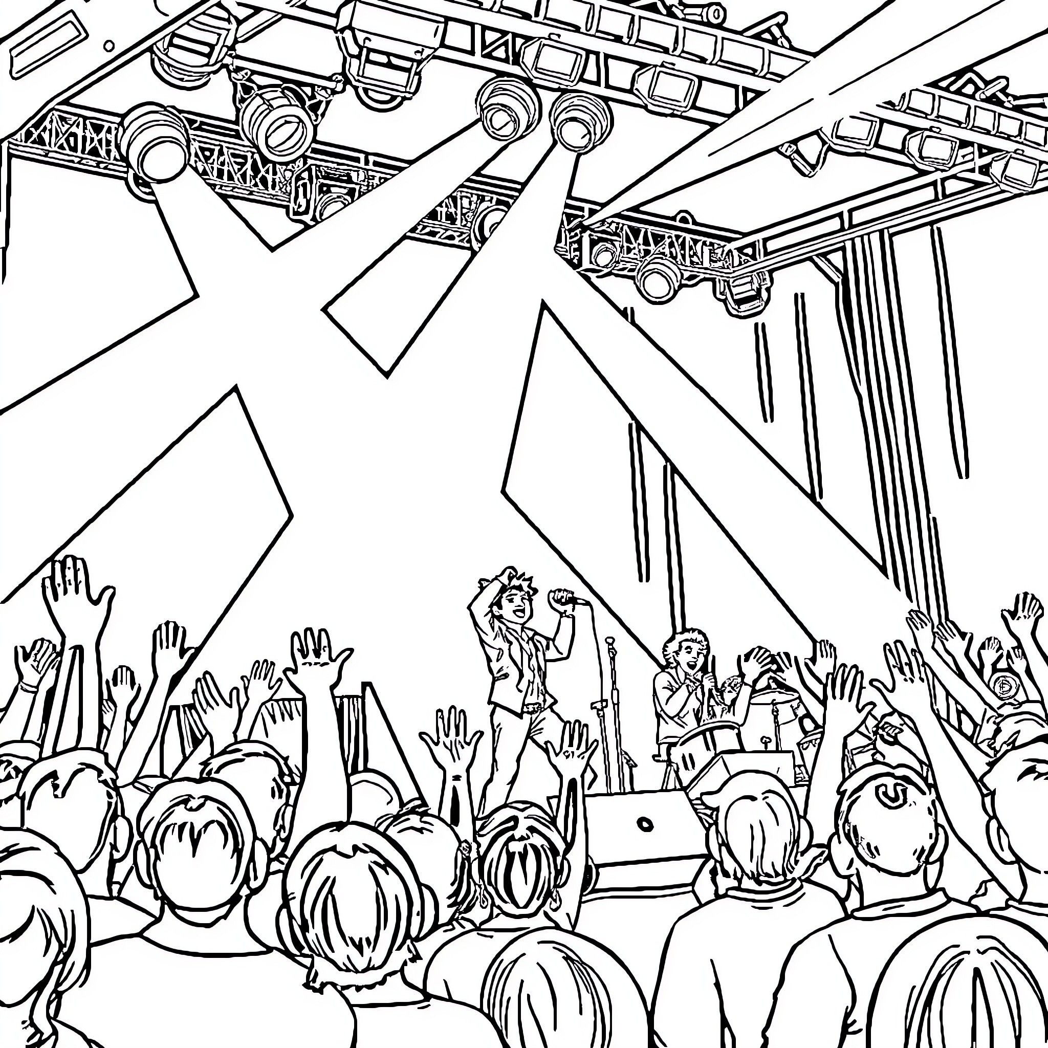 Stray Kids Performing on Stage Before Cheering Crowd Coloring Page (free black-and-white line drawing printable PDF for all, from beginners to advanced learners, including children, teens, adults, and seniors)