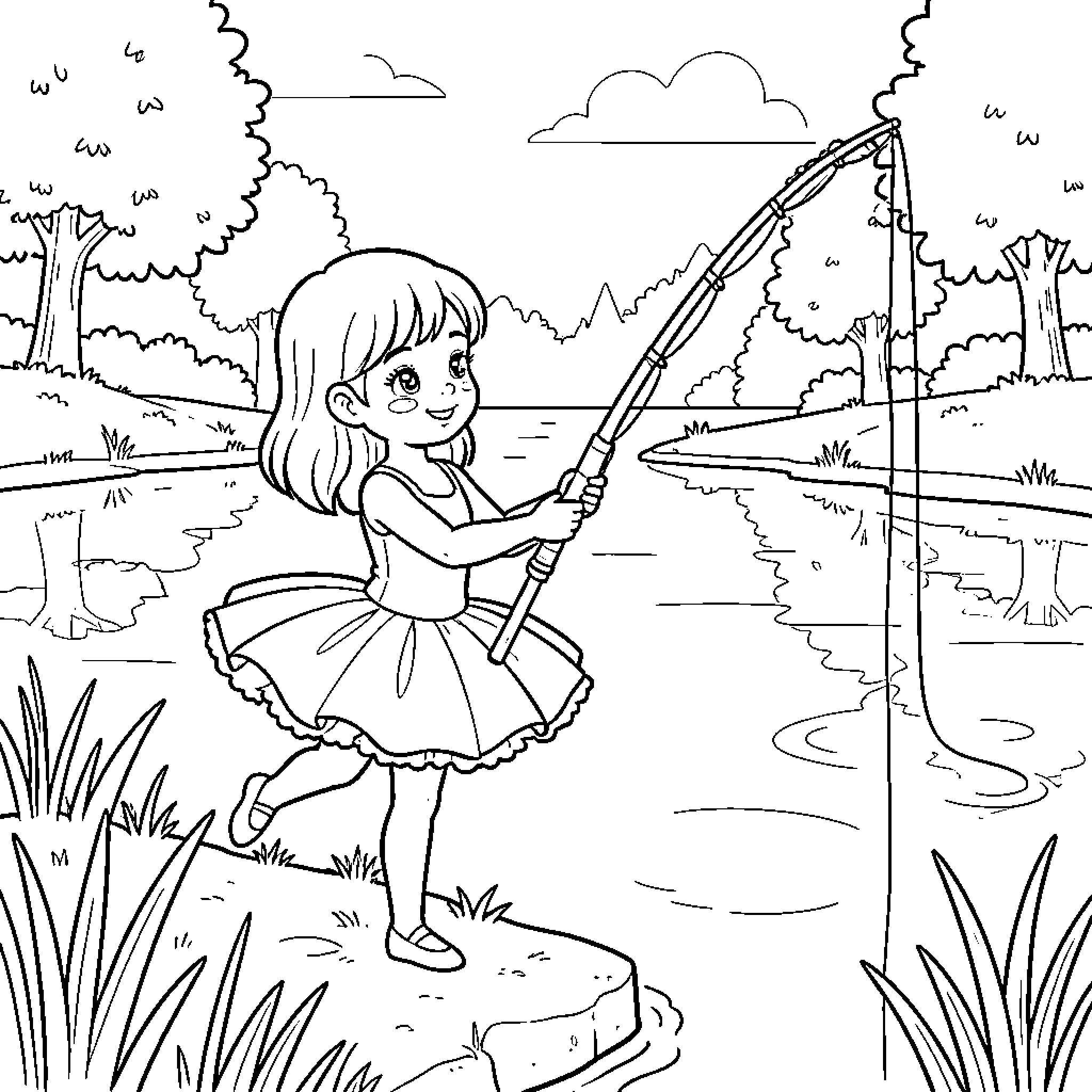 Girl fishing happily by the river Coloring Page (free black-and-white line drawing printable PDF for all, from beginners to advanced learners, including children, teens, adults, and seniors)