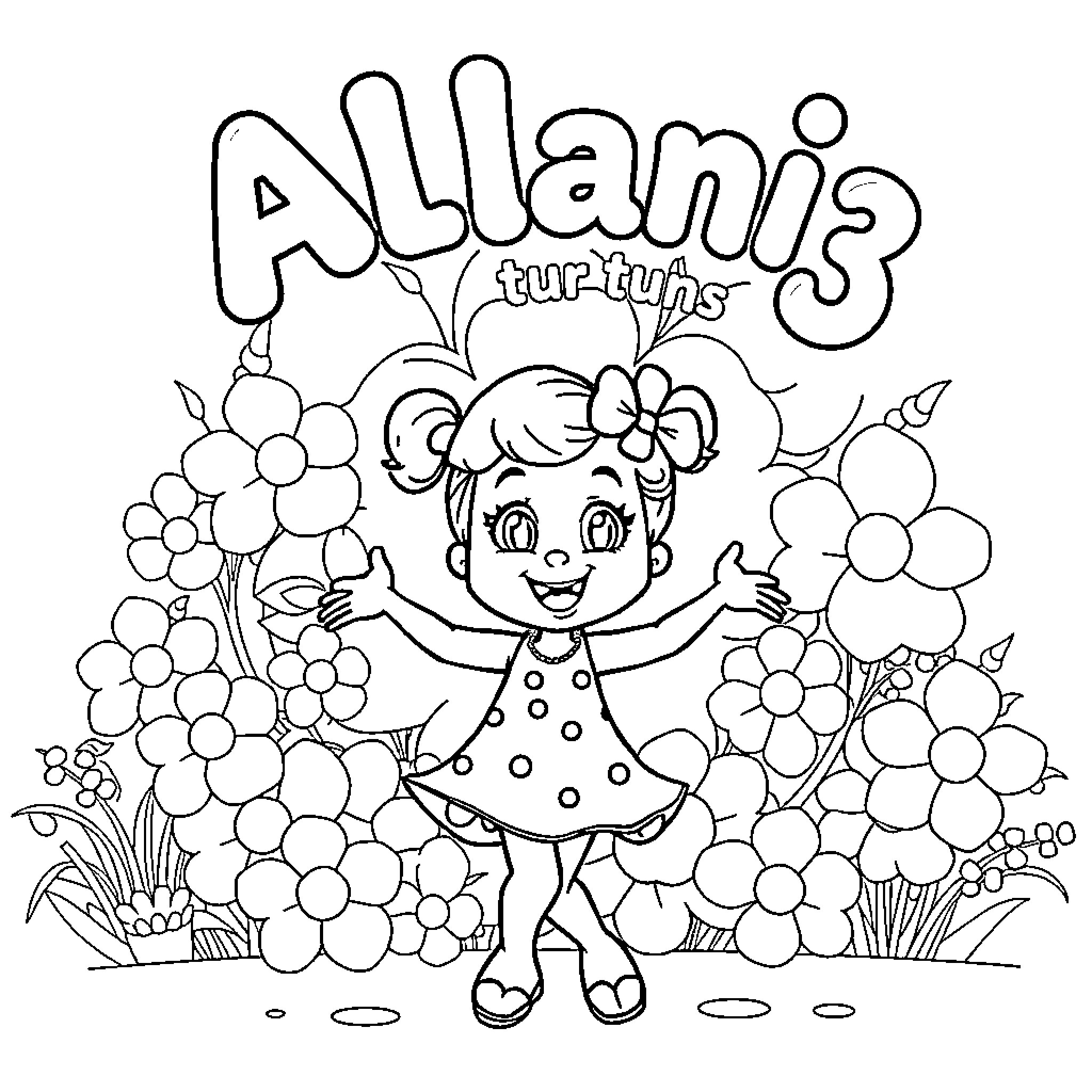 Bingo Joyful Girl Surrounded by Flowers Coloring Page (free black-and-white line drawing printable PDF for all, from beginners to advanced learners, including children, teens, adults, and seniors)