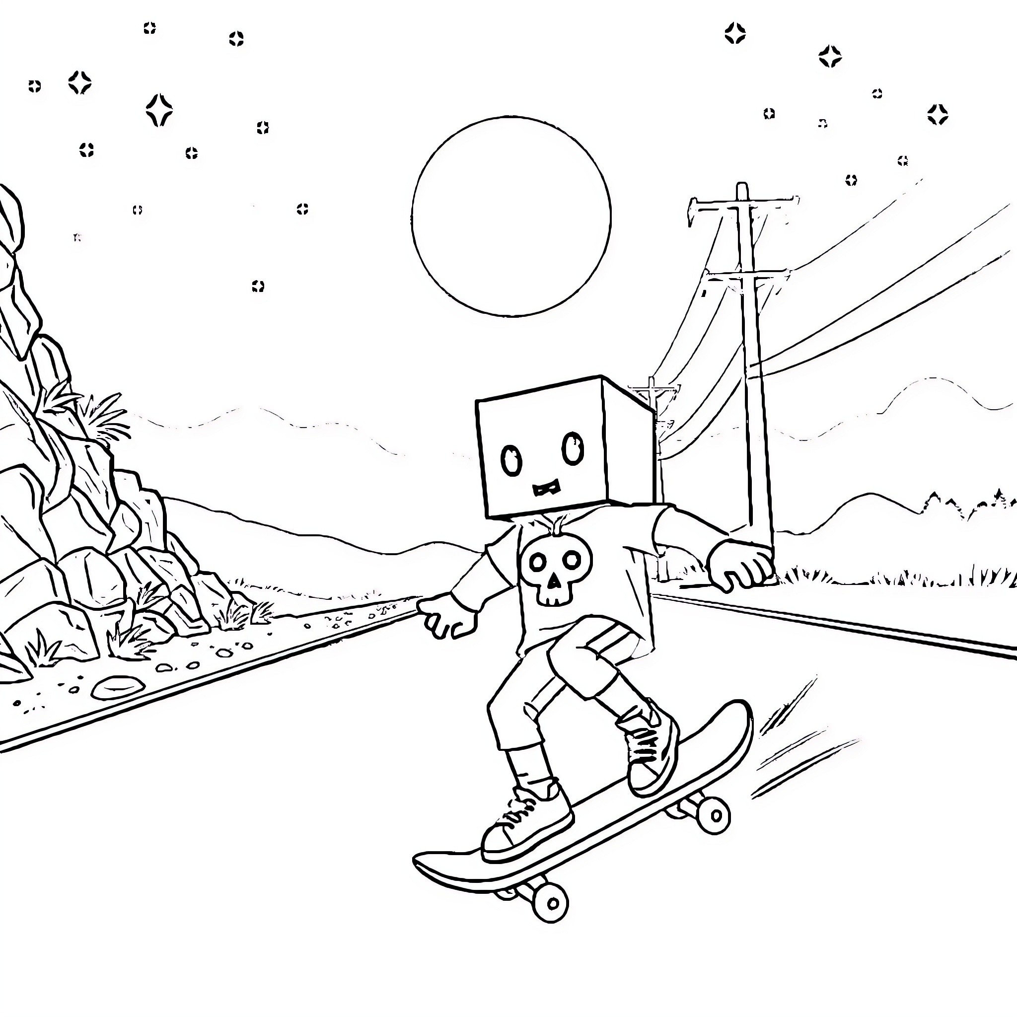 Character skateboarding on a road in the countryside Coloring Page (free black-and-white line drawing printable PDF for all, from beginners to advanced learners, including children, teens, adults, and seniors)