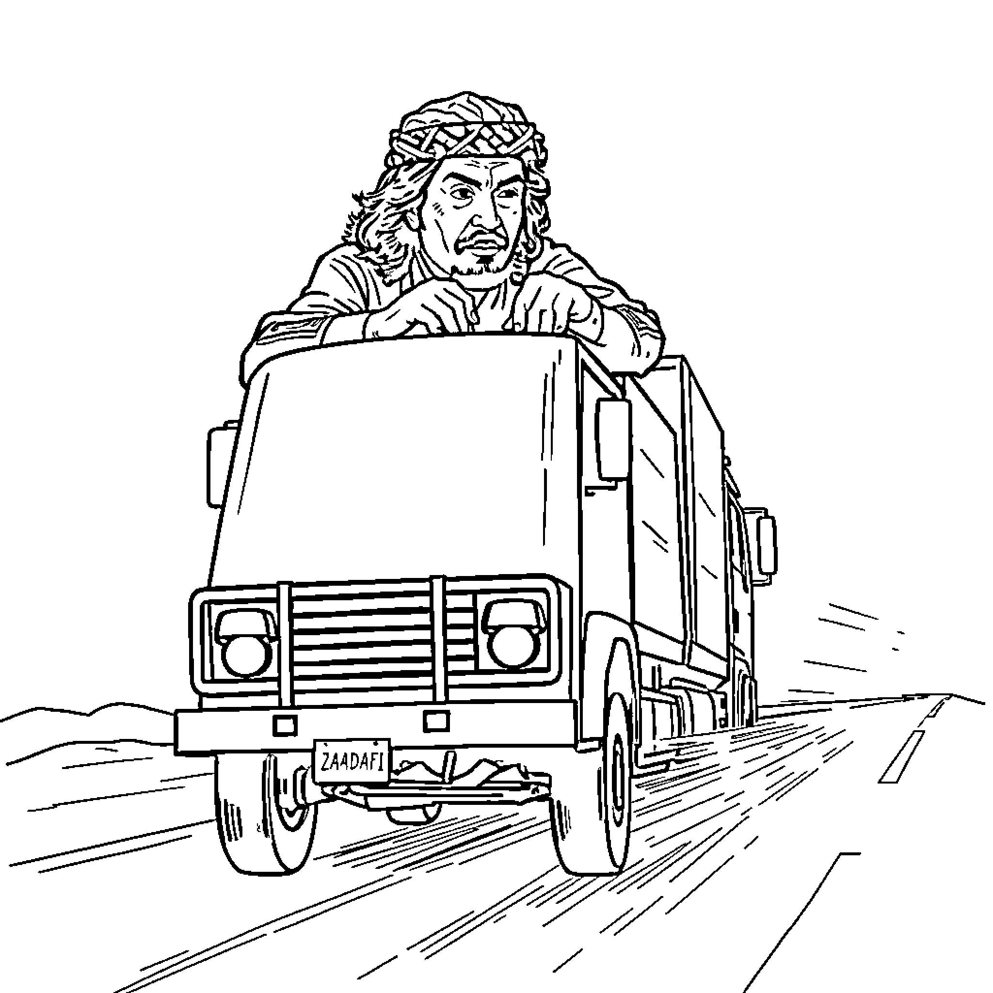Al Gaddafi riding military vehicle on desert road Coloring Page (free black-and-white line drawing printable PDF for all, from beginners to advanced learners, including children, teens, adults, and seniors)