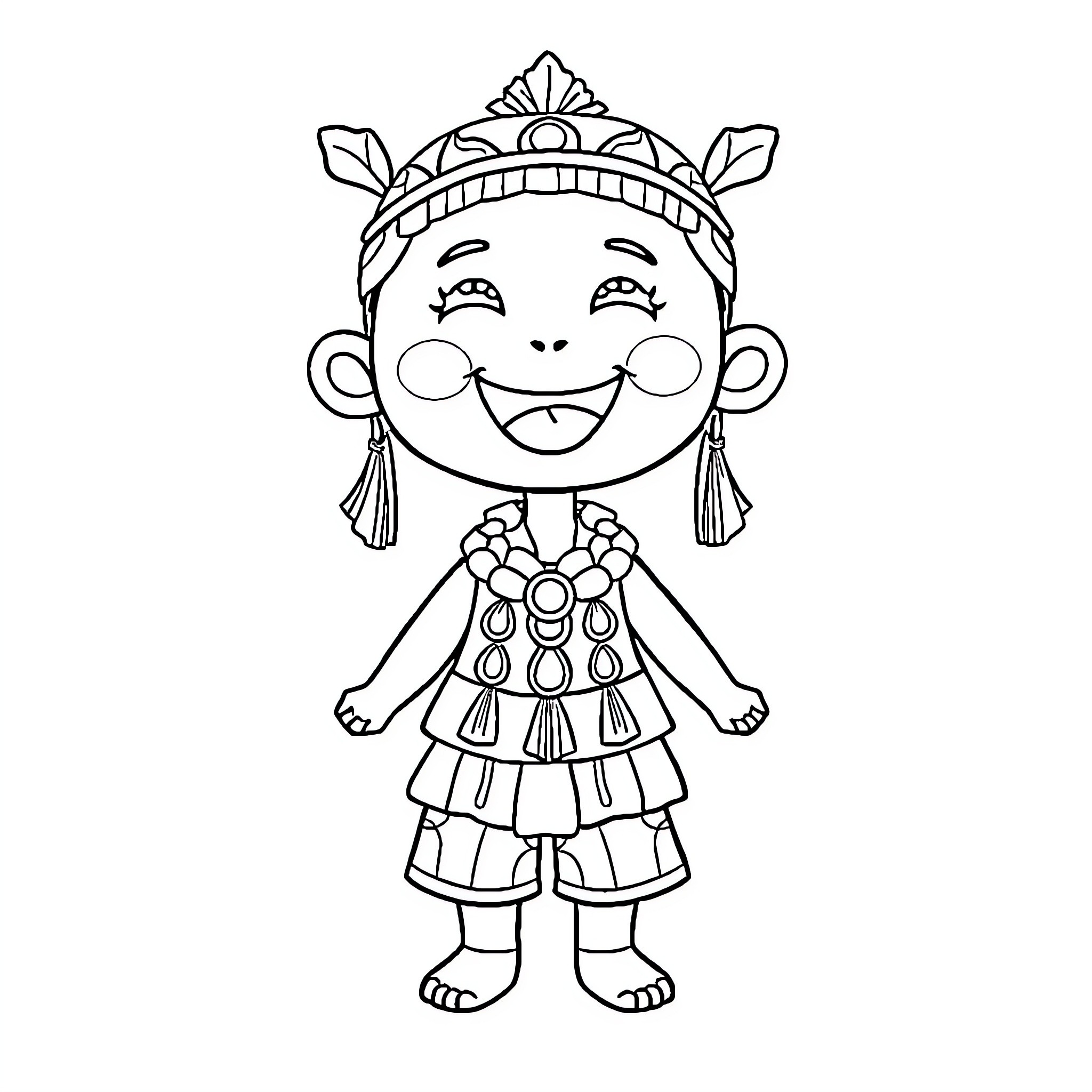 Labubu wearing traditional ethnic costume and accessories Coloring Page (free black-and-white line drawing printable PDF for all, from beginners to advanced learners, including children, teens, adults, and seniors)