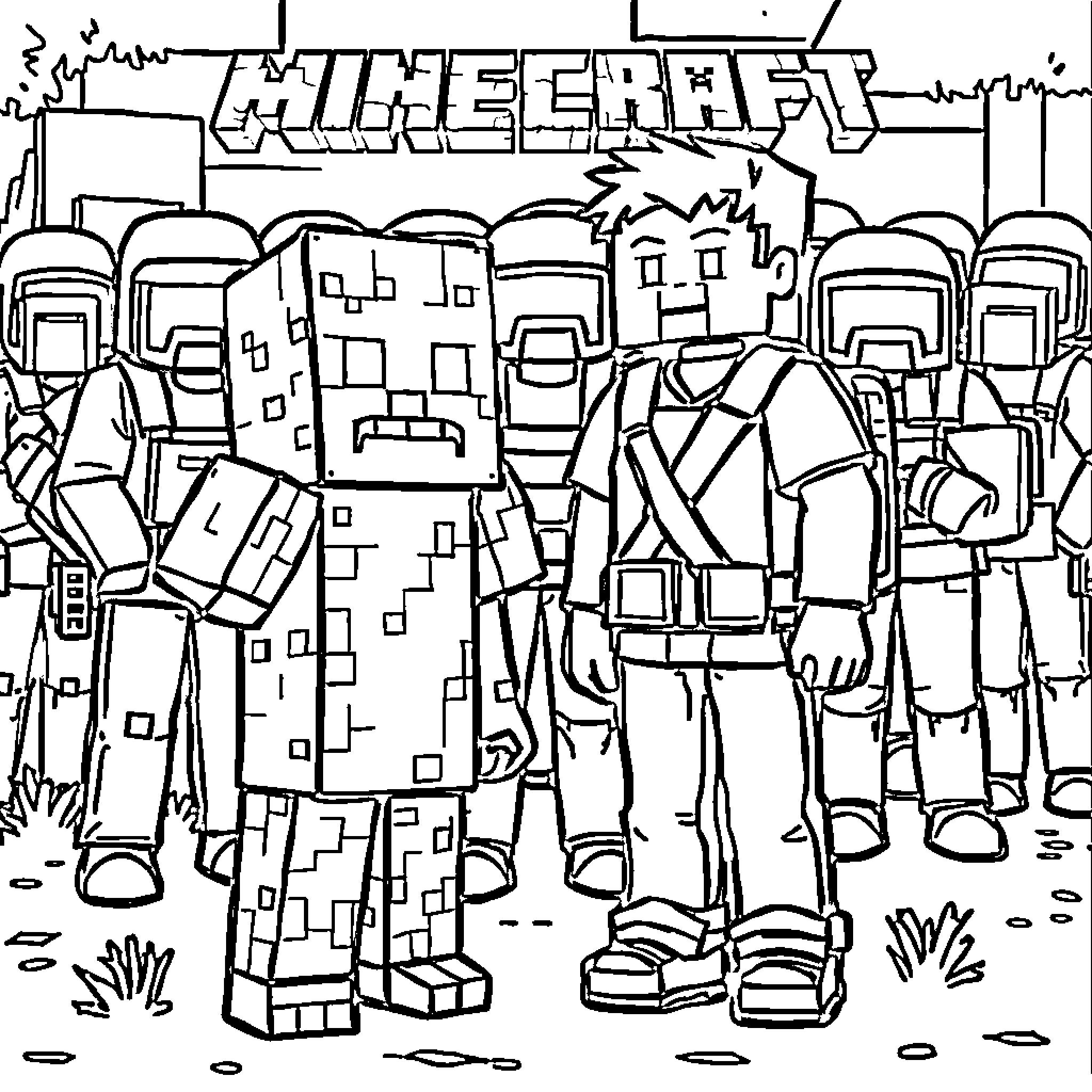 Enderman gathering with monstrous friends Coloring Page (free black-and-white line drawing printable PDF for all, from beginners to advanced learners, including children, teens, adults, and seniors)