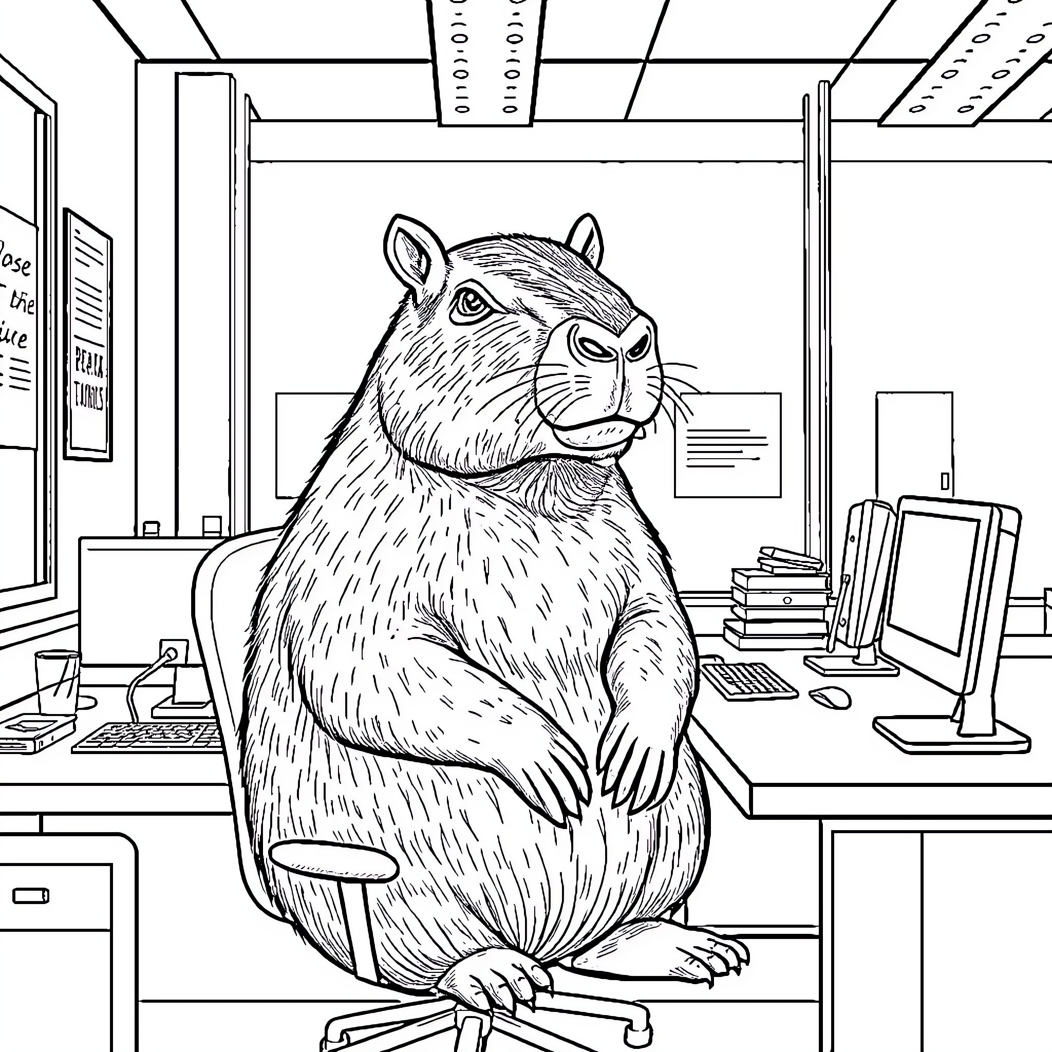 Capybara Relaxing in the Office Coloring Page (free black-and-white line drawing printable PDF for all, from beginners to advanced learners, including children, teens, adults, and seniors)