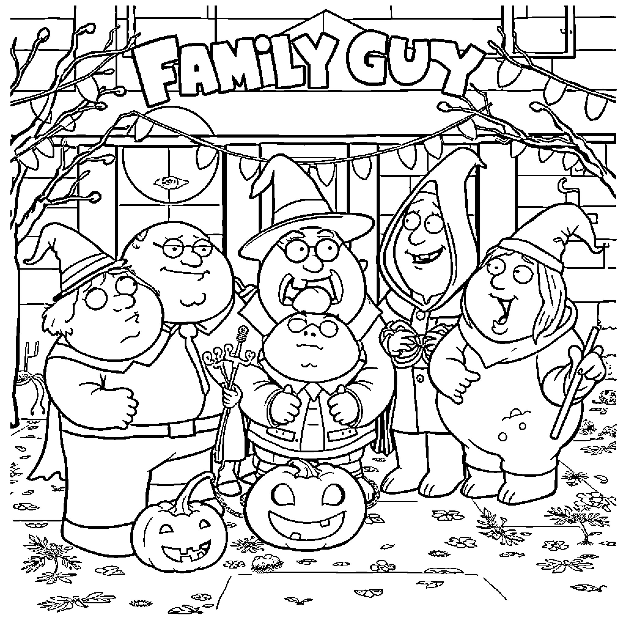 Family Guy Halloween Celebration with Characters Coloring Page (free black-and-white line drawing printable PDF for all, from beginners to advanced learners, including children, teens, adults, and seniors)