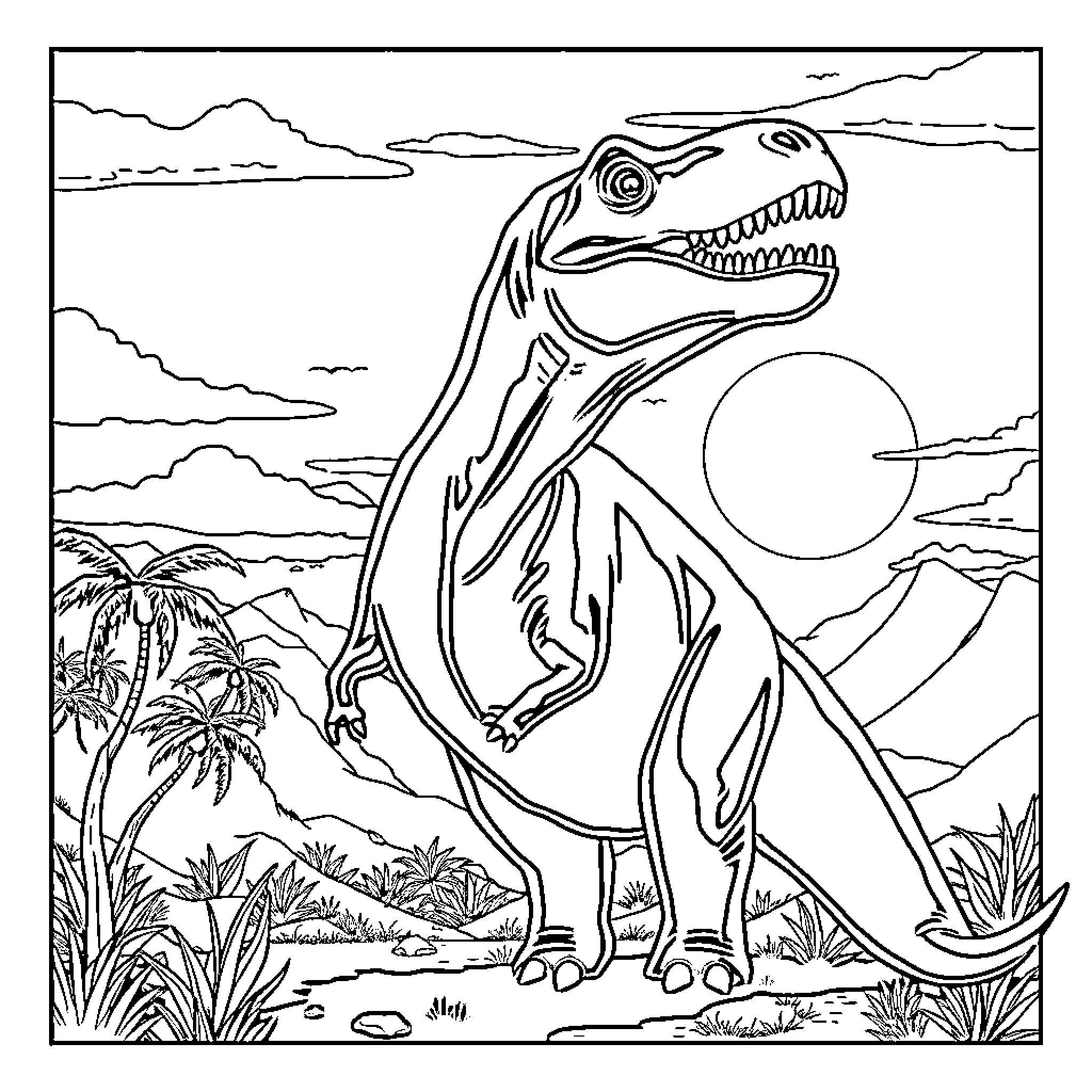 Dinosaur roaring in prehistoric landscape Coloring Page (free black-and-white line drawing printable PDF for all, from beginners to advanced learners, including children, teens, adults, and seniors)