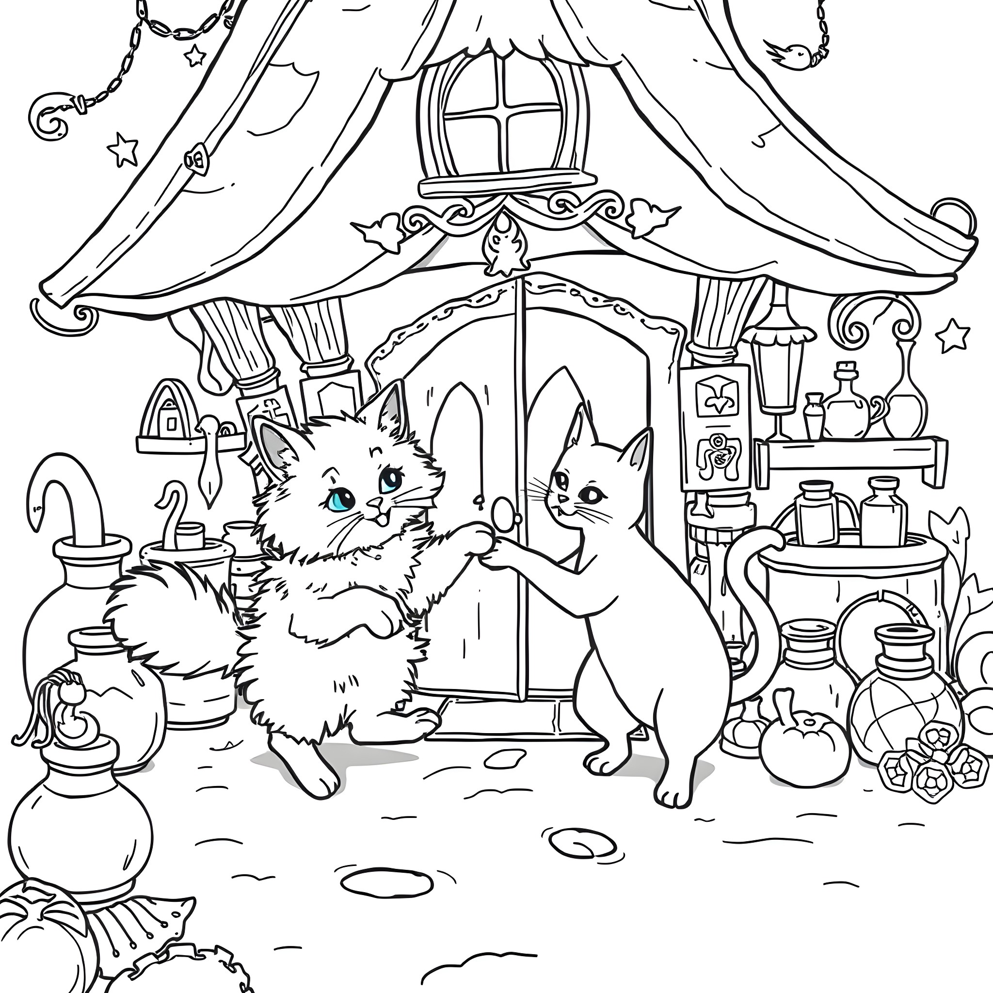 Cats relaxing in a cozy fairy-tale cottage Coloring Page (free black-and-white line drawing printable PDF for all, from beginners to advanced learners, including children, teens, adults, and seniors)