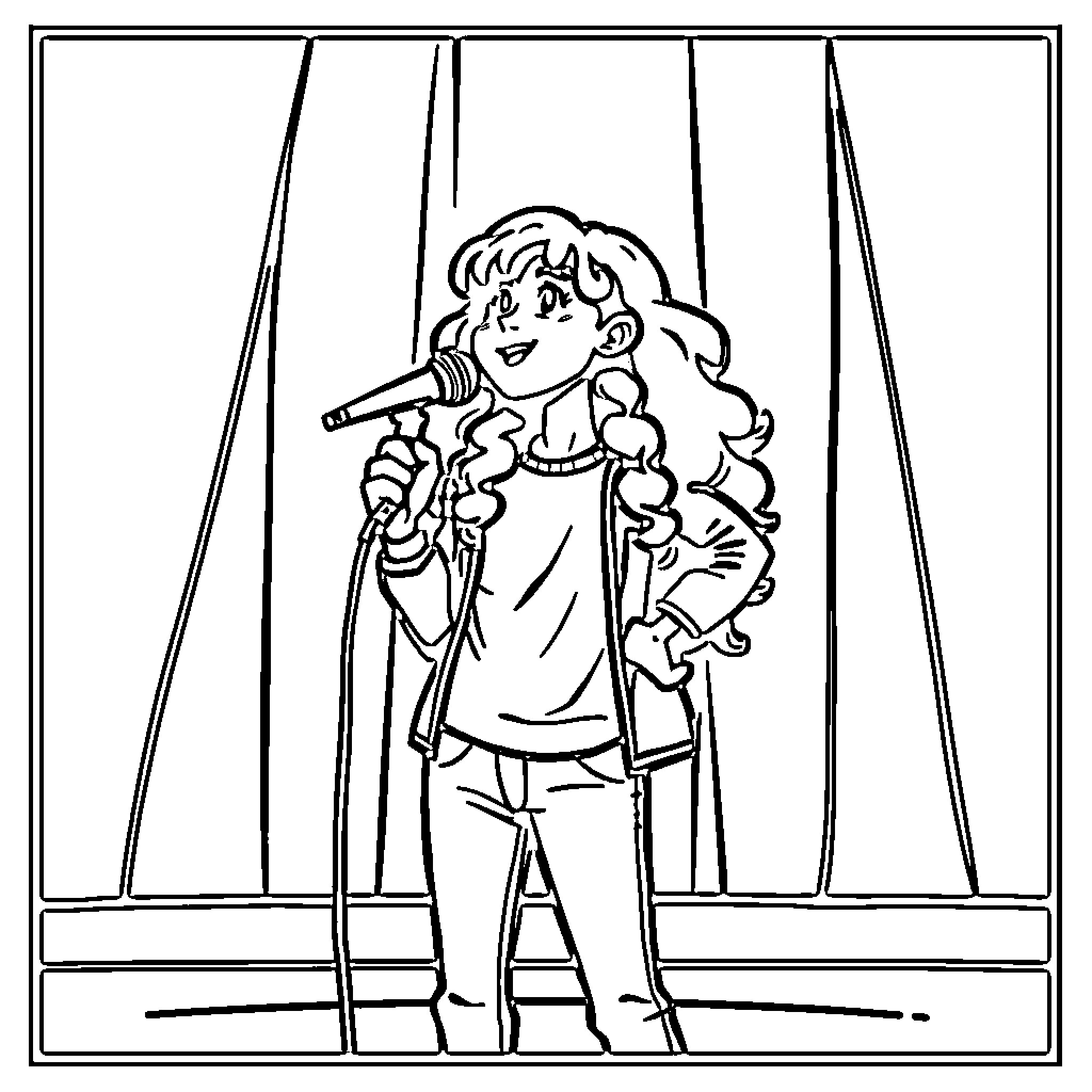 RM Woman Singing on Stage with Microphone Coloring Page (free black-and-white line drawing printable PDF for all, from beginners to advanced learners, including children, teens, adults, and seniors)