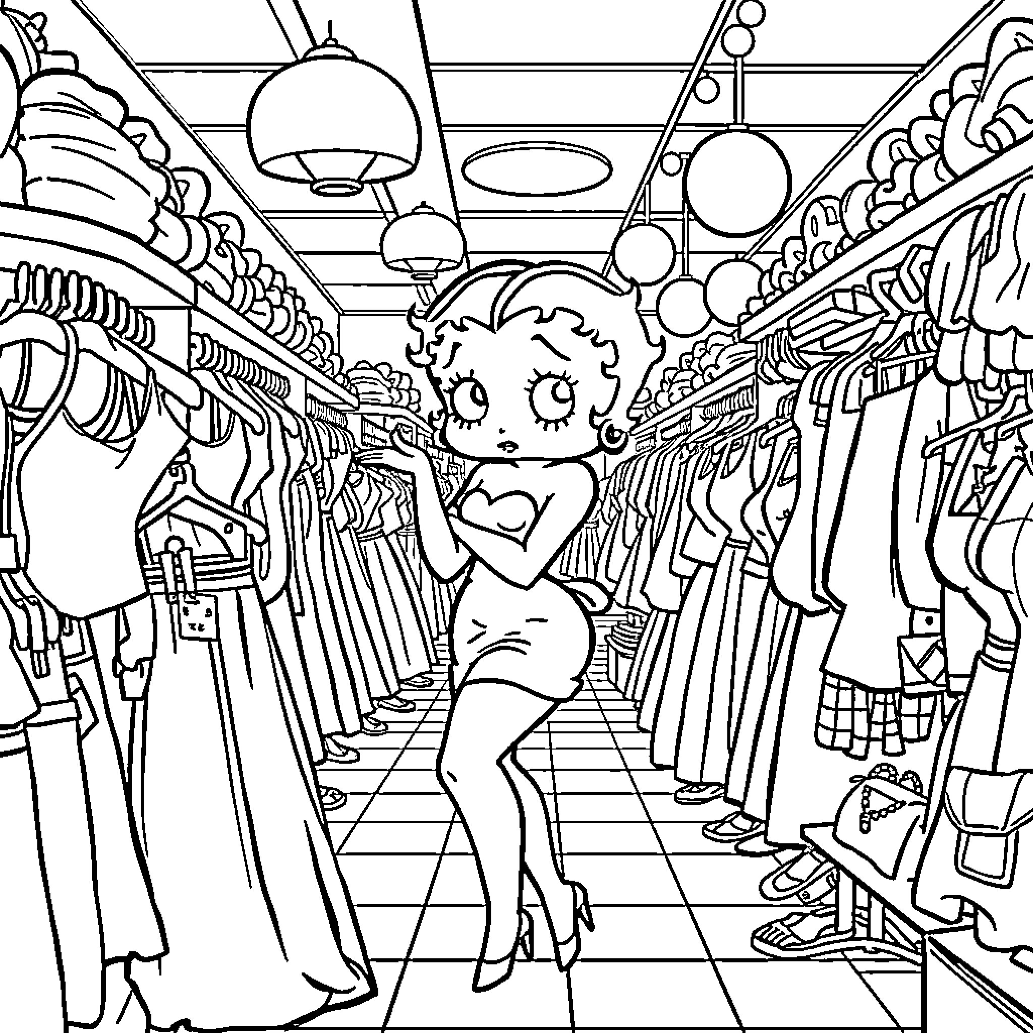 Betty Boop explores a vibrant clothing store Coloring Page (free black-and-white line drawing printable PDF for all, from beginners to advanced learners, including children, teens, adults, and seniors)