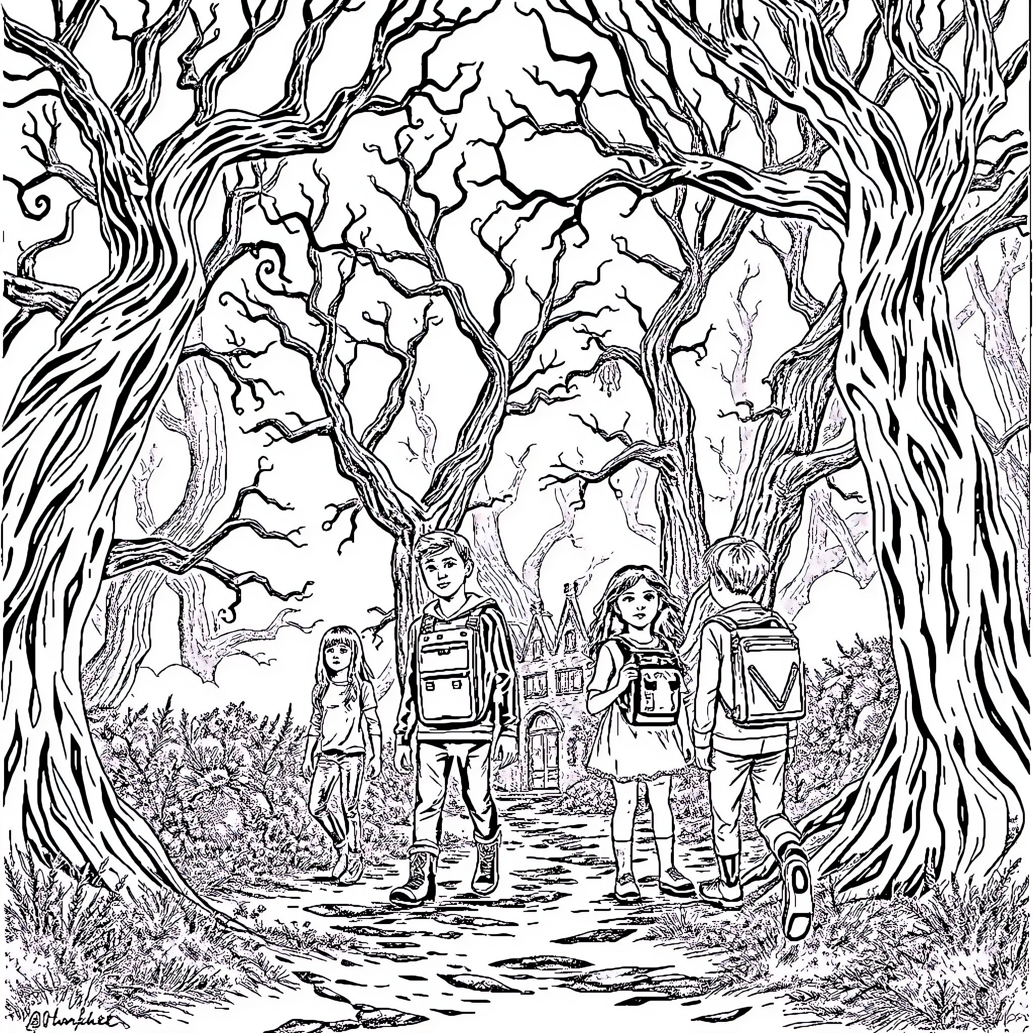Stranger Things: Group Exploring Mysterious Forest Coloring Page (free black-and-white line drawing printable PDF for all, from beginners to advanced learners, including children, teens, adults, and seniors)