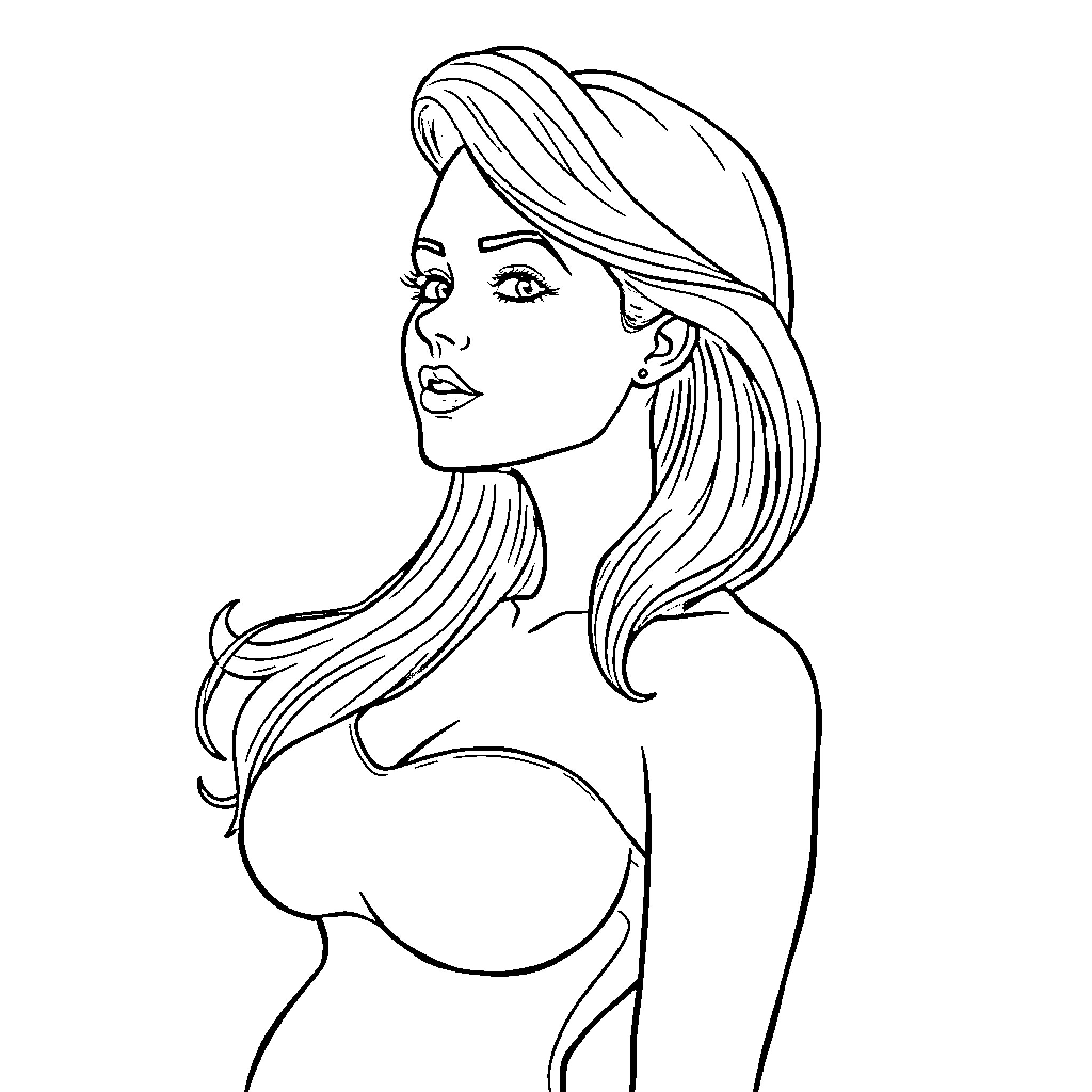 Woman with flowing hair and expressive face Coloring Page (free black-and-white line drawing printable PDF for all, from beginners to advanced learners, including children, teens, adults, and seniors)
