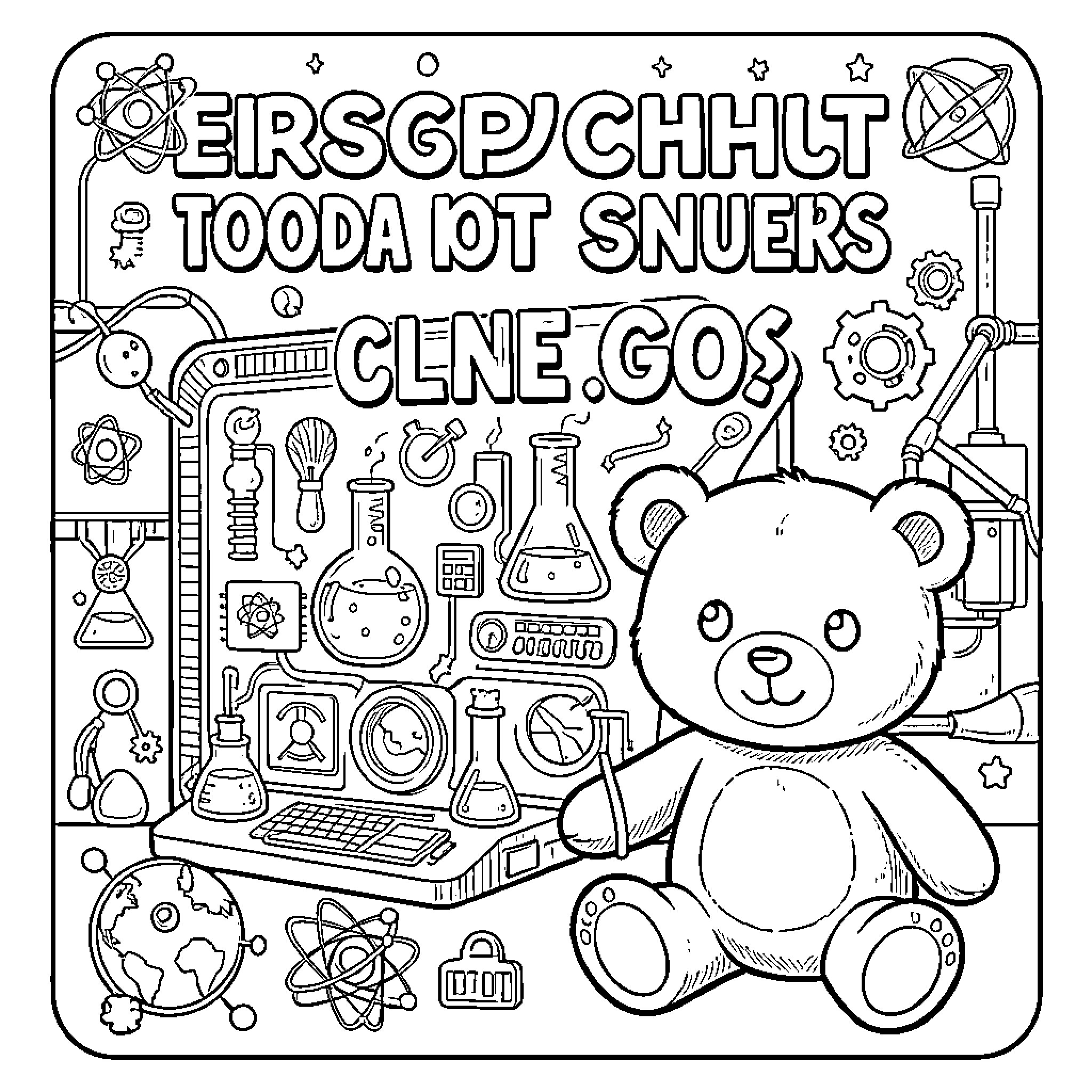 Bear learning science with scientific tools Coloring Page (free black-and-white line drawing printable PDF for all, from beginners to advanced learners, including children, teens, adults, and seniors)