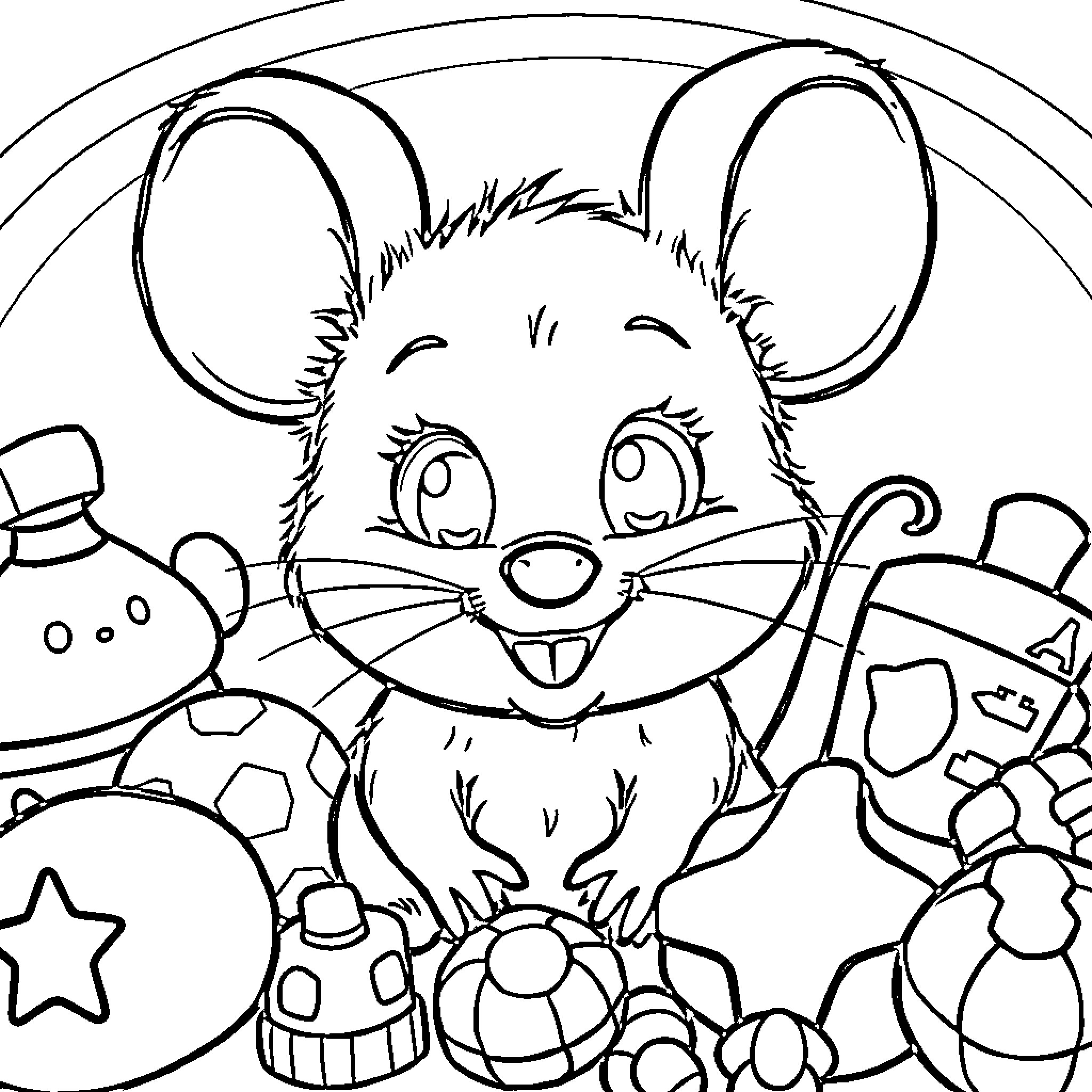 Mouse surrounded by holiday decorations Coloring Page (free black-and-white line drawing printable PDF for all, from beginners to advanced learners, including children, teens, adults, and seniors)