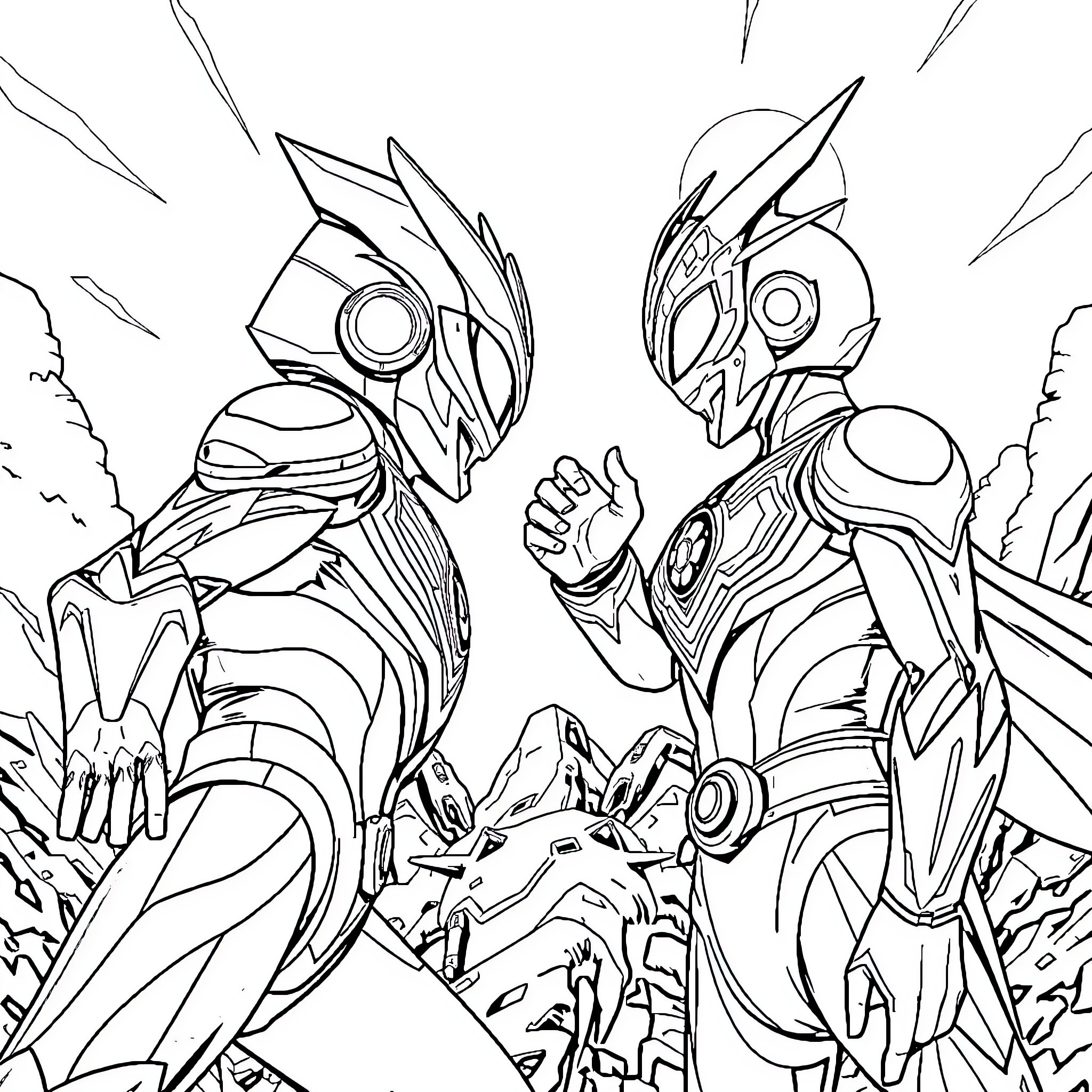 Ultraman heroes fighting against villains in action Coloring Page (free black-and-white line drawing printable PDF for all, from beginners to advanced learners, including children, teens, adults, and seniors)