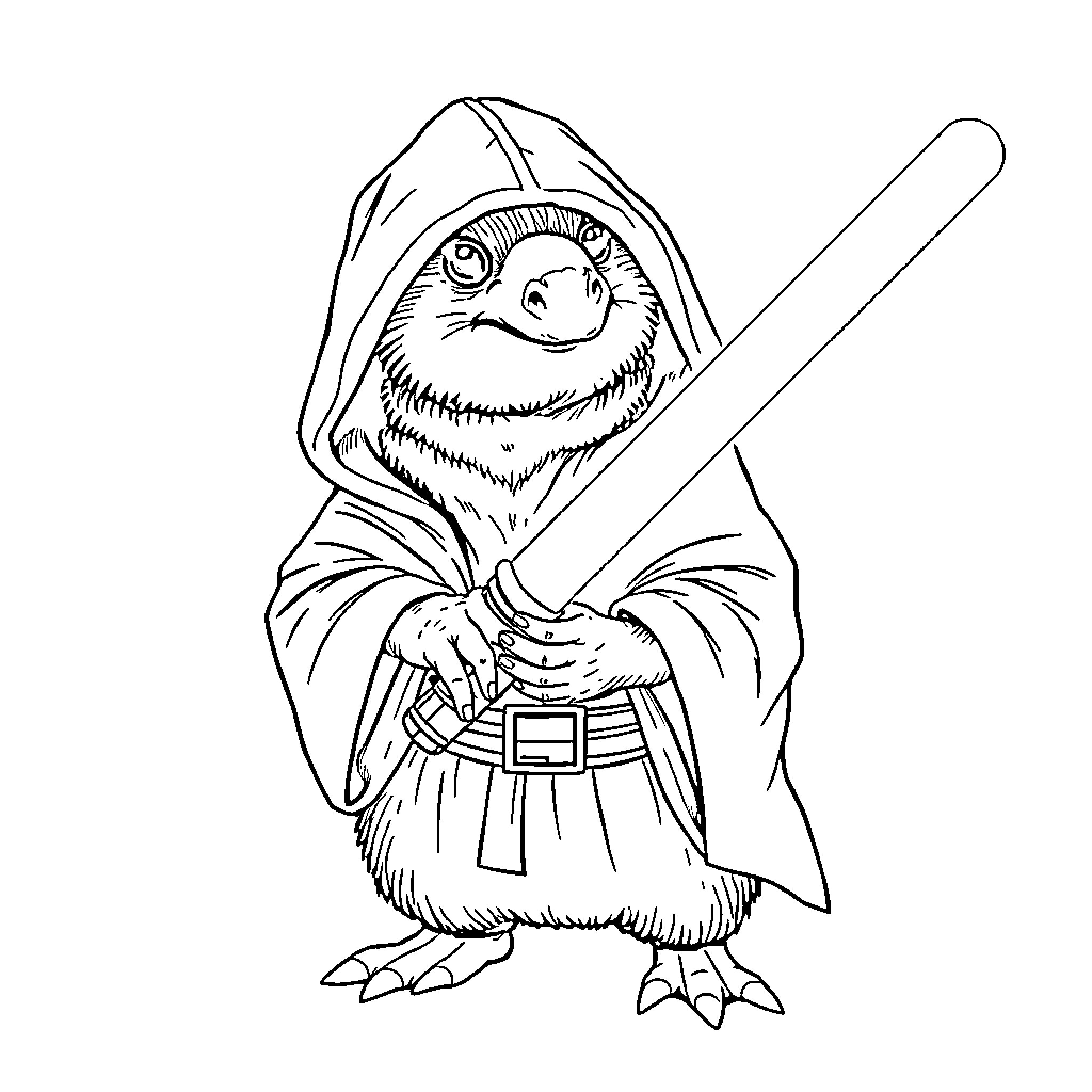 Platypus warrior wielding a staff Coloring Page (free black-and-white line drawing printable PDF for all, from beginners to advanced learners, including children, teens, adults, and seniors)
