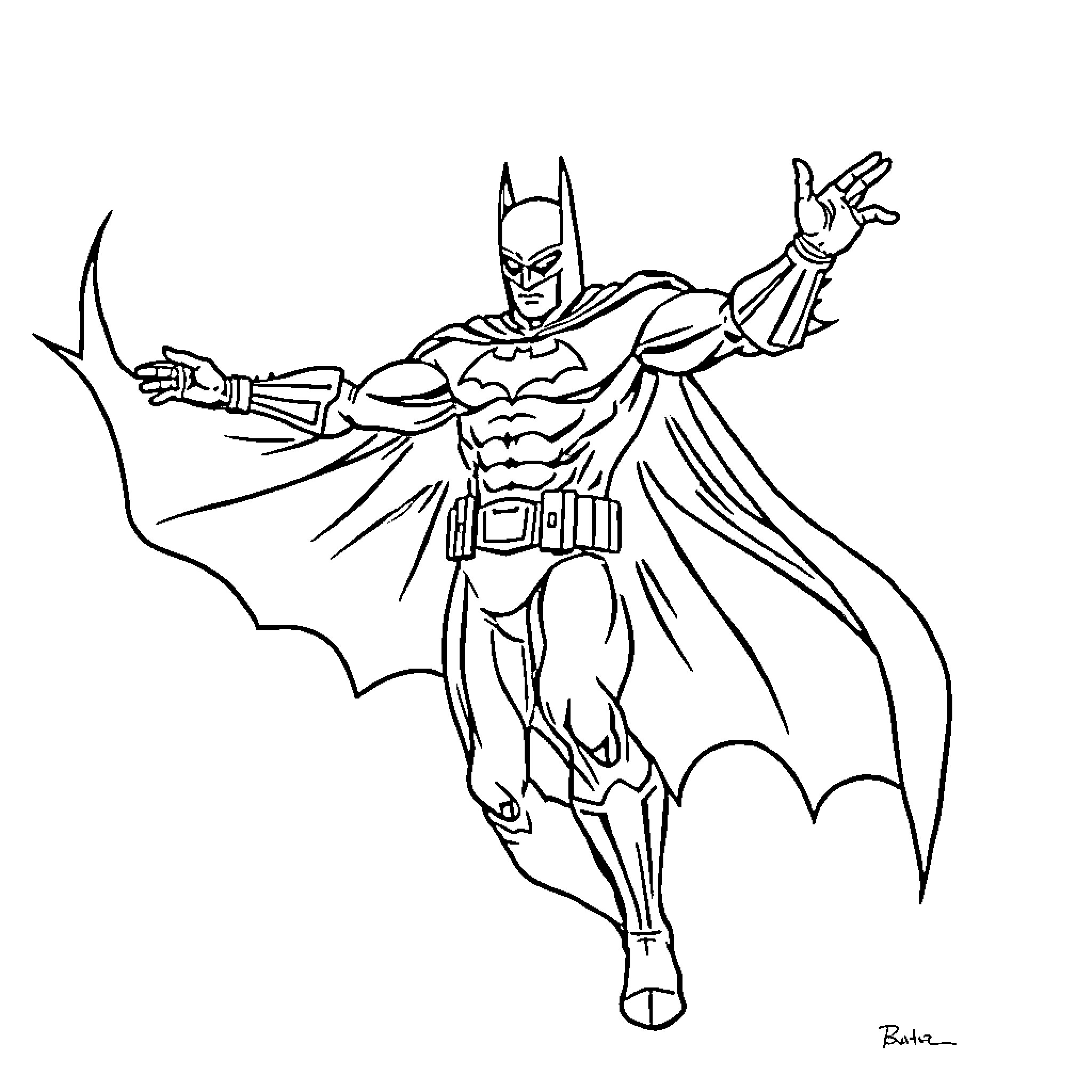 Batman in heroic action pose Coloring Page (free black-and-white line drawing printable PDF for all, from beginners to advanced learners, including children, teens, adults, and seniors)