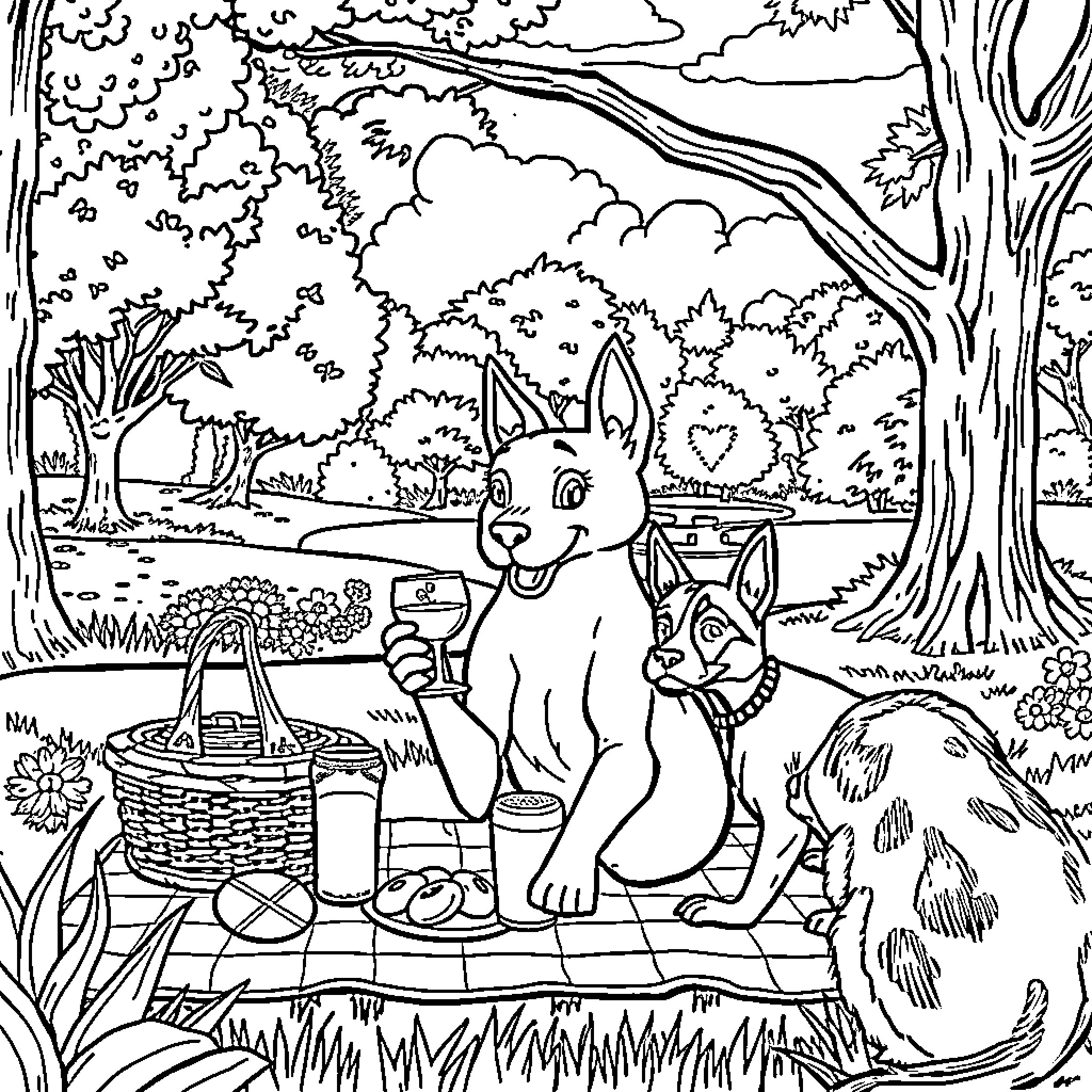 Pink Panther's Picnic Adventure Coloring Page (free black-and-white line drawing printable PDF for all, from beginners to advanced learners, including children, teens, adults, and seniors)