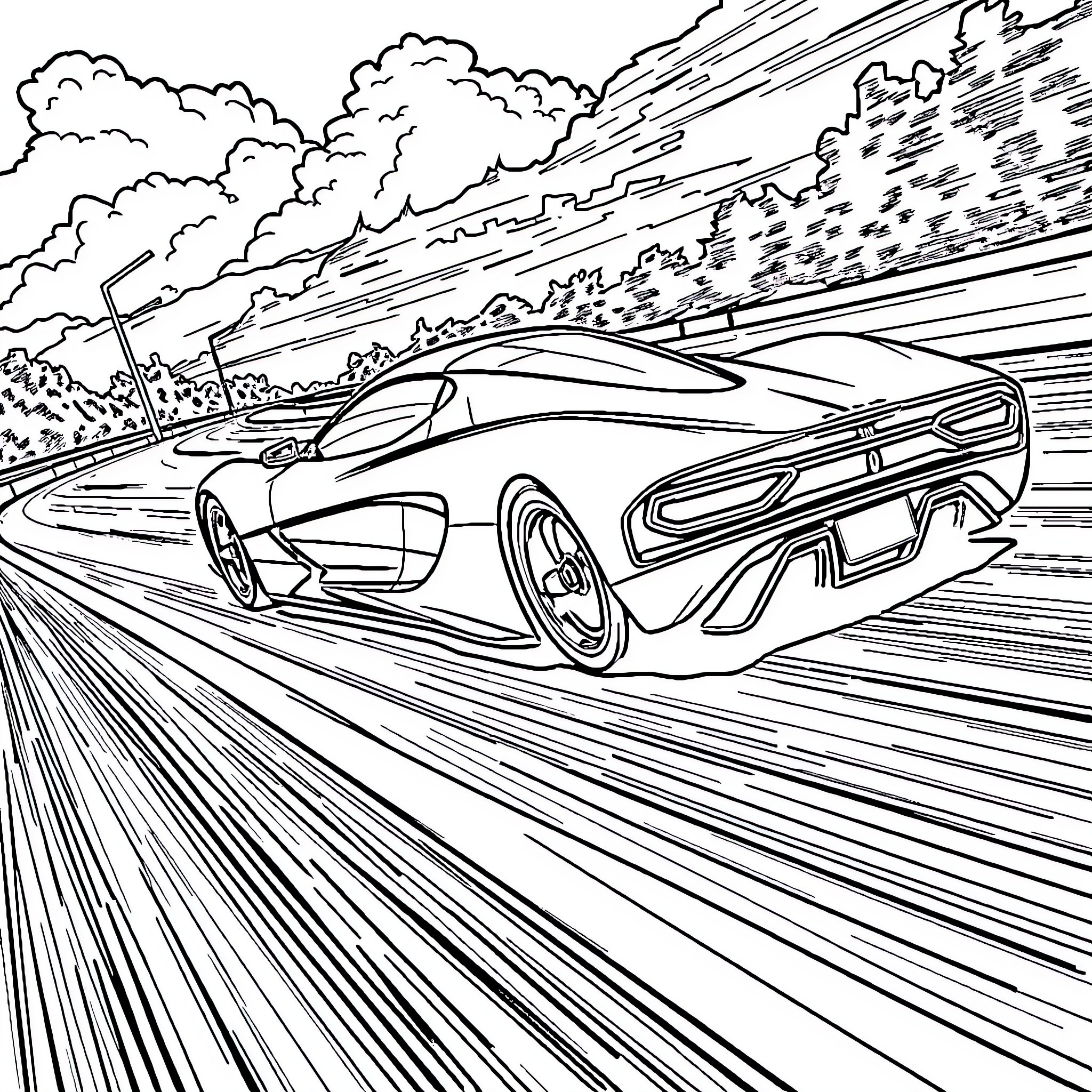 Supersonic Car Racing Through the Countryside Coloring Page (free black-and-white line drawing printable PDF for all, from beginners to advanced learners, including children, teens, adults, and seniors)