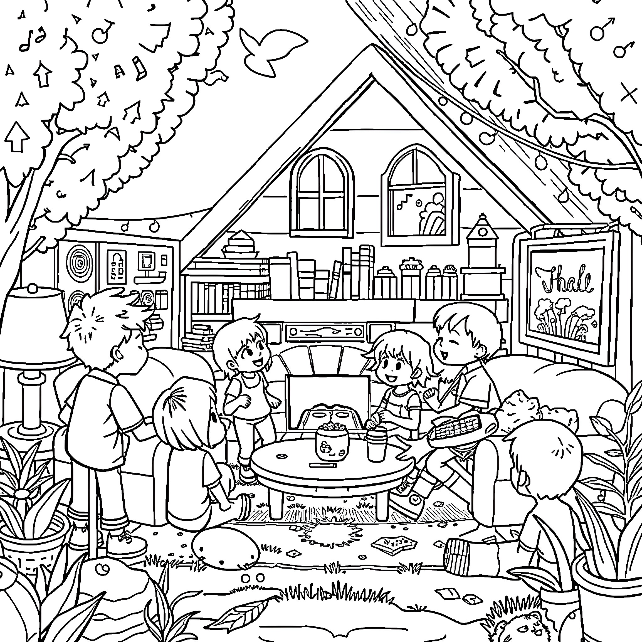 Loud House Gathering of Friends in the Backyard Coloring Page (free black-and-white line drawing printable PDF for all, from beginners to advanced learners, including children, teens, adults, and seniors)