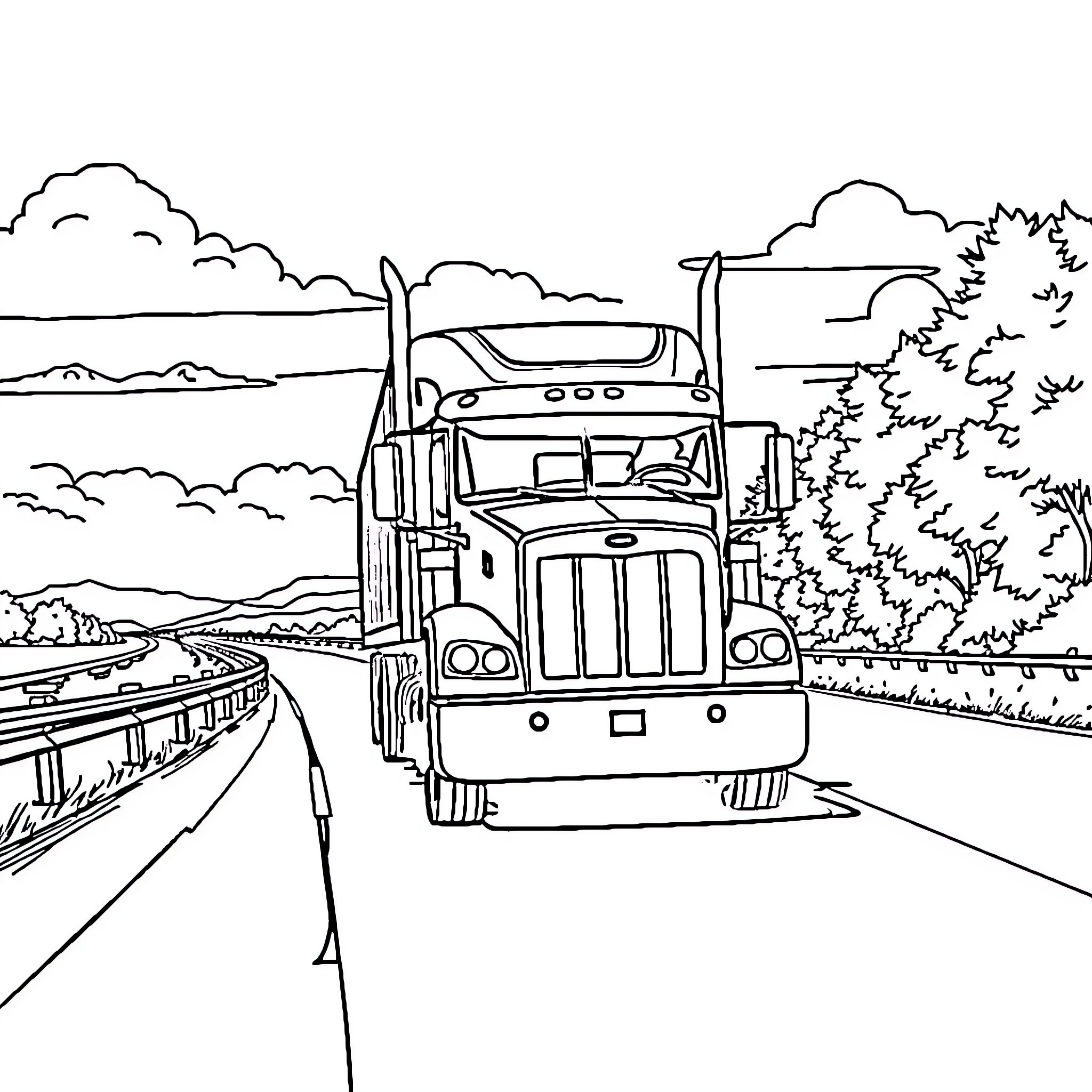 Truck driving on a winding highway through nature Coloring Page (free black-and-white line drawing printable PDF for all, from beginners to advanced learners, including children, teens, adults, and seniors)