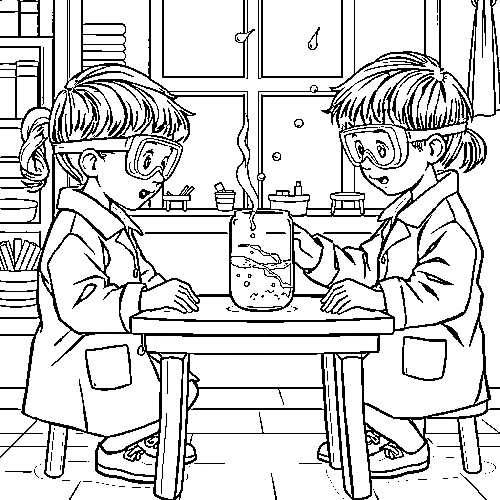 Children conducting science experiment in classroom Coloring Page (free black-and-white line drawing printable PDF for all, from beginners to advanced learners, including children, teens, adults, and seniors)