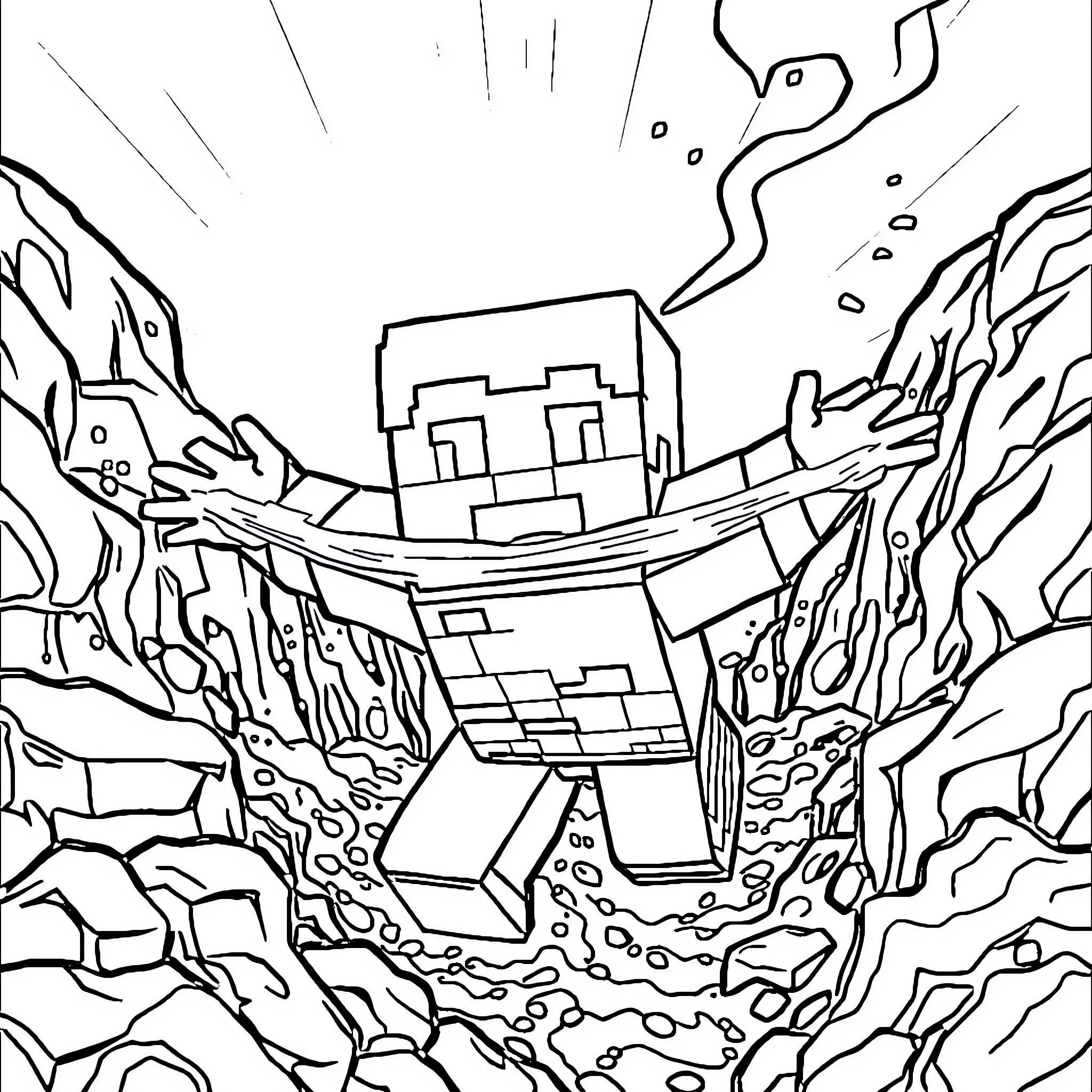 Steve's Adventures in the Blocky Landscape Coloring Page (free black-and-white line drawing printable PDF for all, from beginners to advanced learners, including children, teens, adults, and seniors)