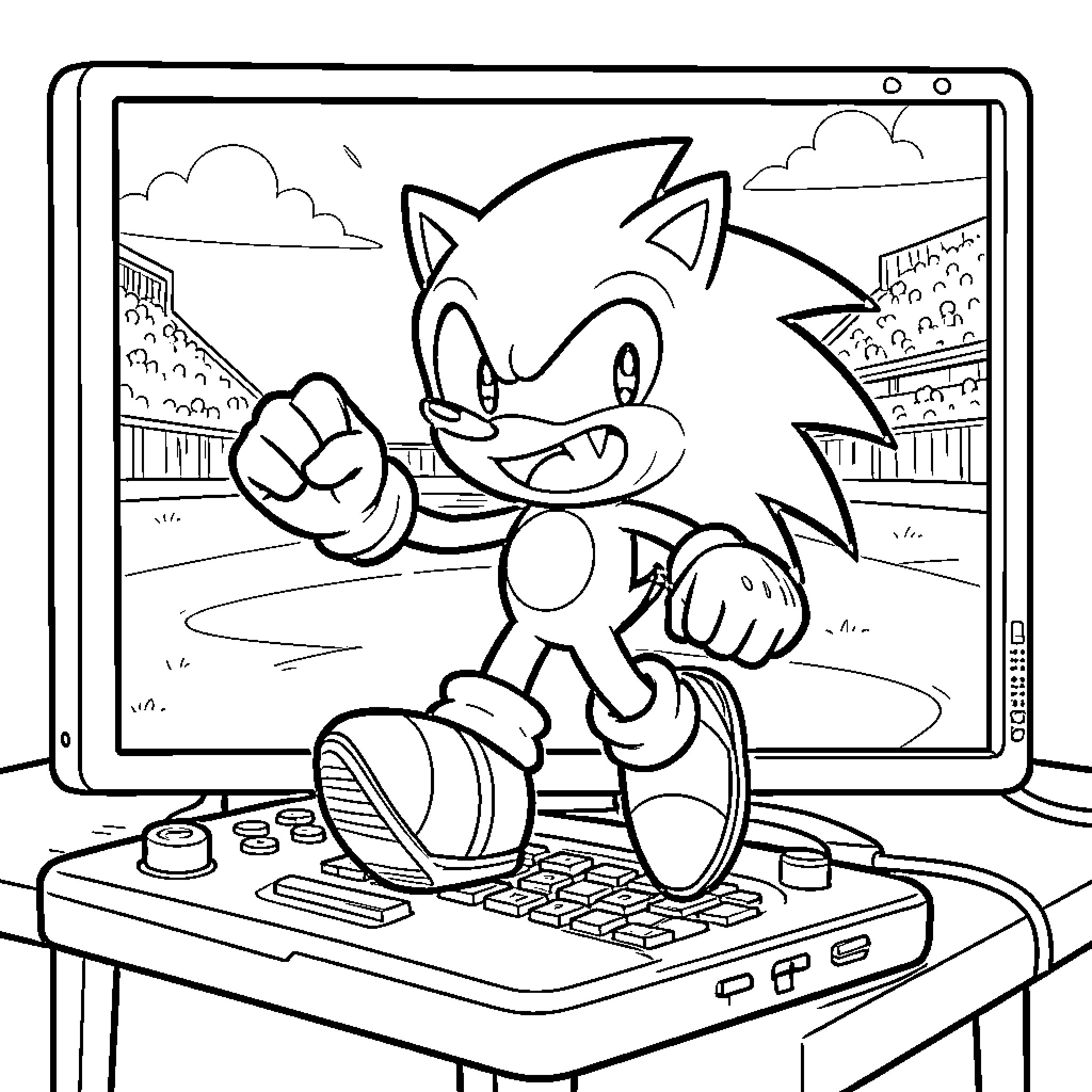 Sonic jumping energetically out of a computer screen Coloring Page (free black-and-white line drawing printable PDF for all, from beginners to advanced learners, including children, teens, adults, and seniors)