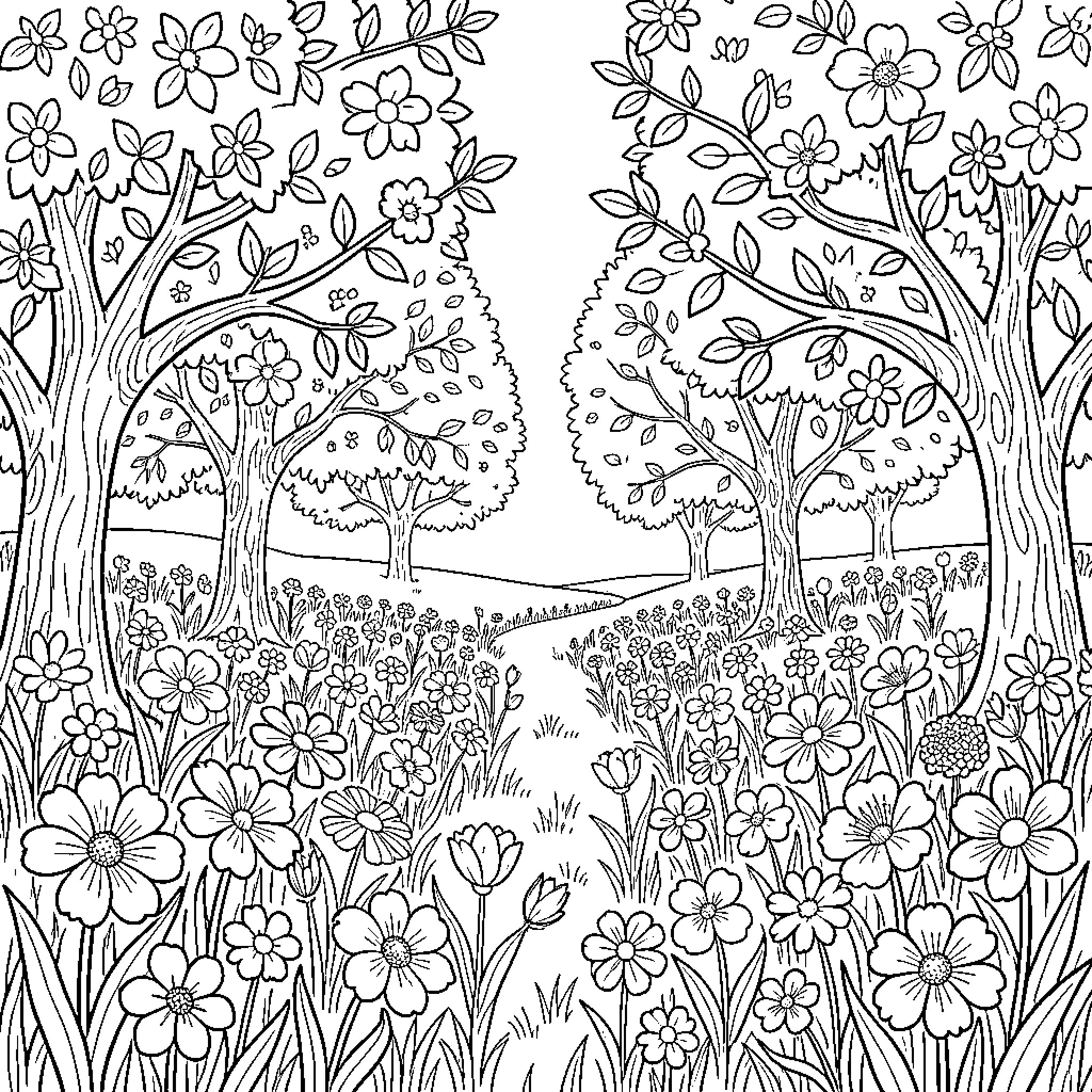 Spring Blossoms and Wildflowers in the Garden Coloring Page (free black-and-white line drawing printable PDF for all, from beginners to advanced learners, including children, teens, adults, and seniors)